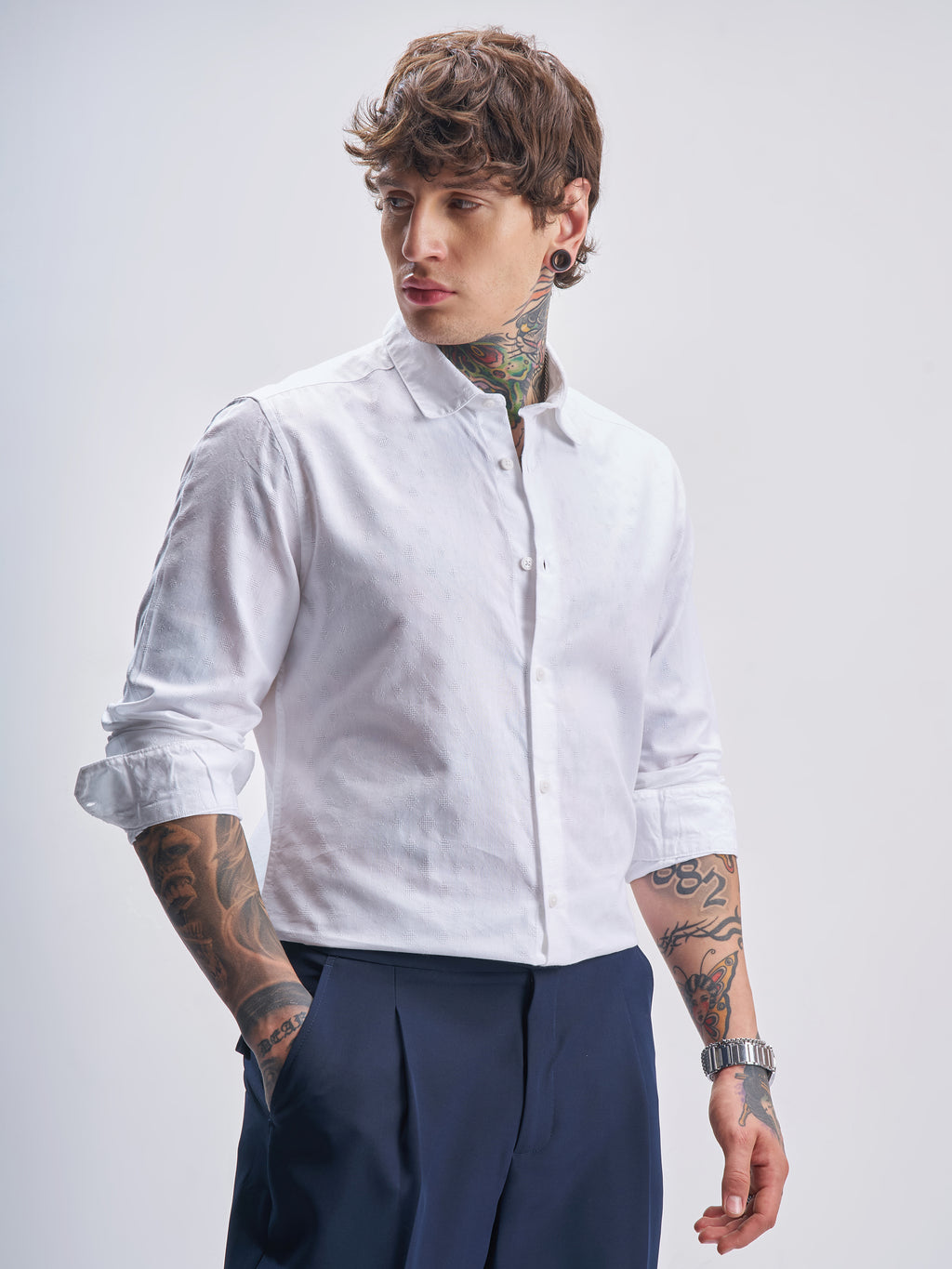 Highlander Men White Self Design Slim Fit Casual Shirt - White - Image 6