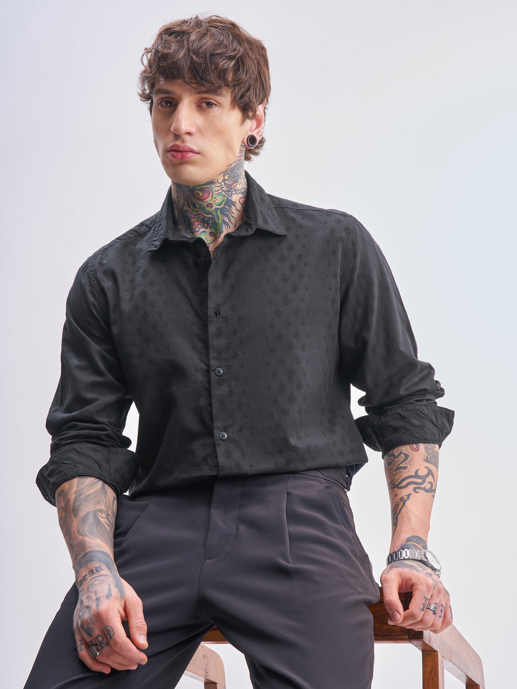 Highlander Men Black Self Design Slim Fit Casual Shirt - Black - Image 1