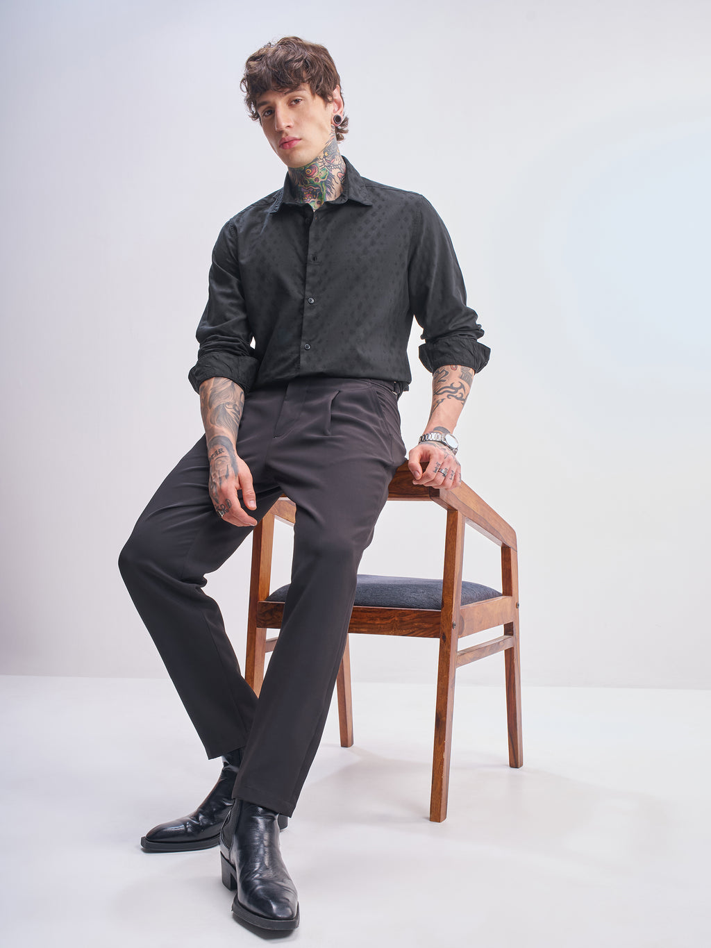 Highlander Men Black Self Design Slim Fit Casual Shirt - Black - Image 2