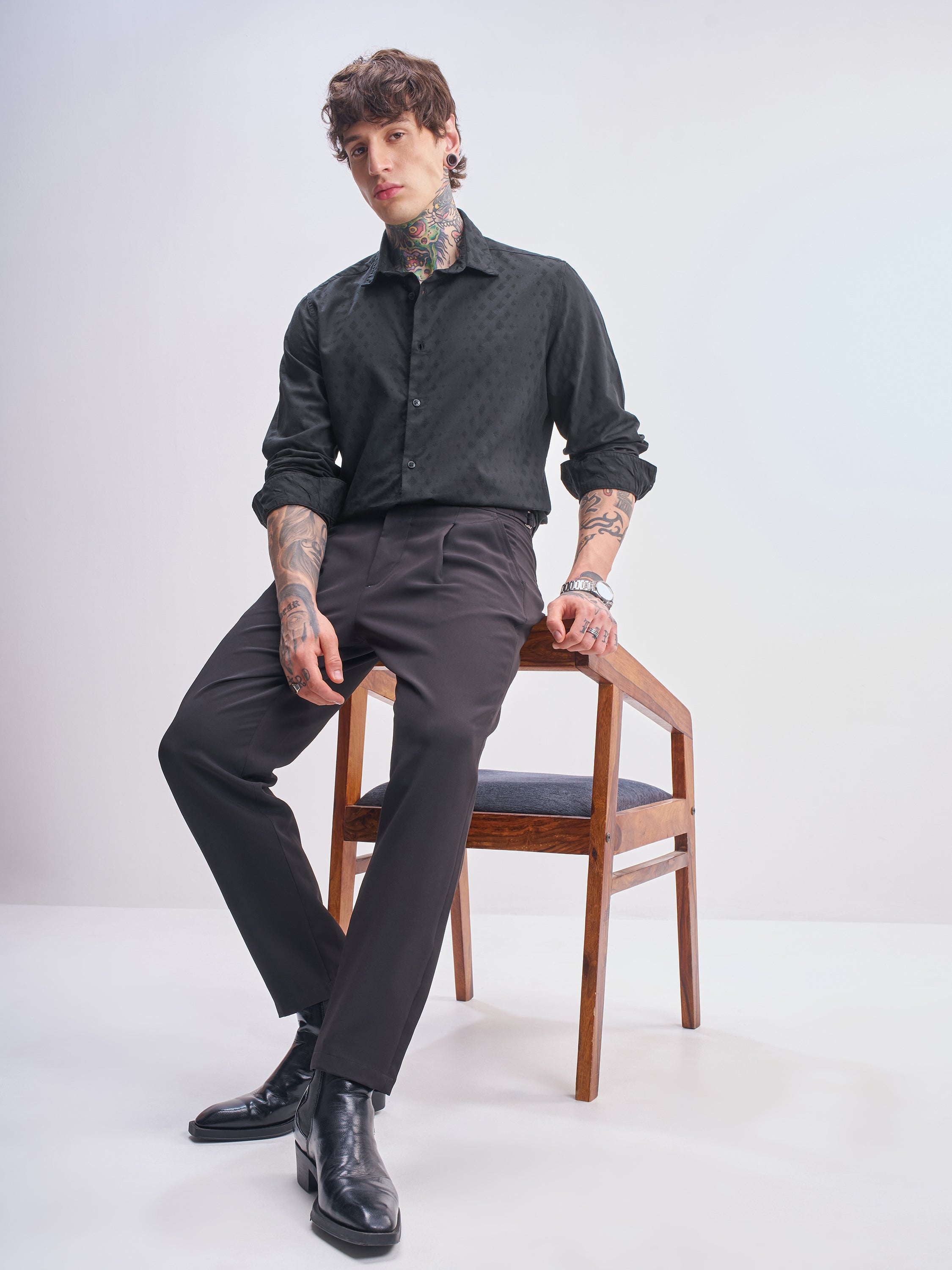Highlander Men Black Self Design Slim Fit Casual Shirt - Black - Image 2
