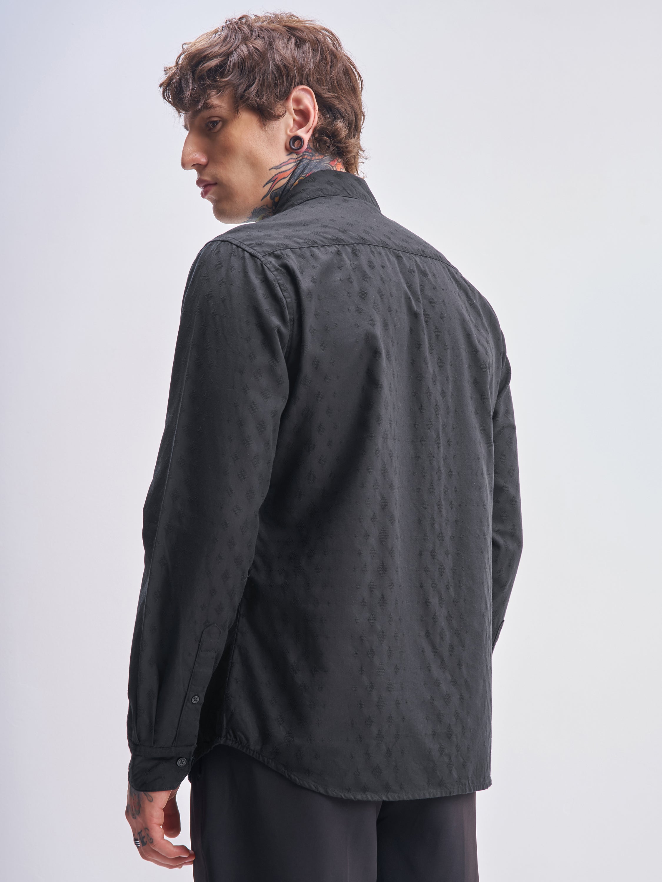 Highlander Men Black Self Design Slim Fit Casual Shirt - Black - Image 3