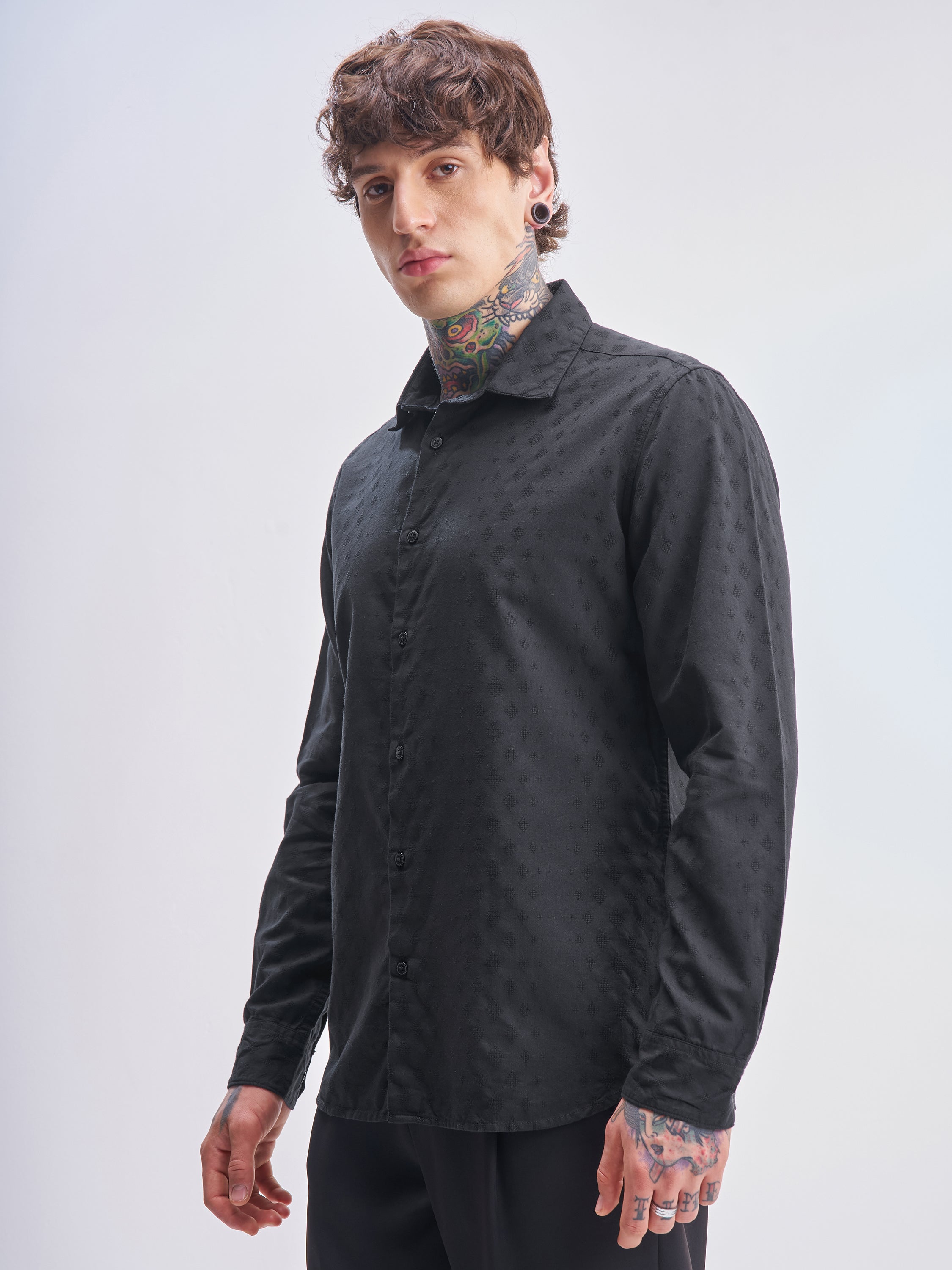 Highlander Men Black Self Design Slim Fit Casual Shirt - Black - Image 4