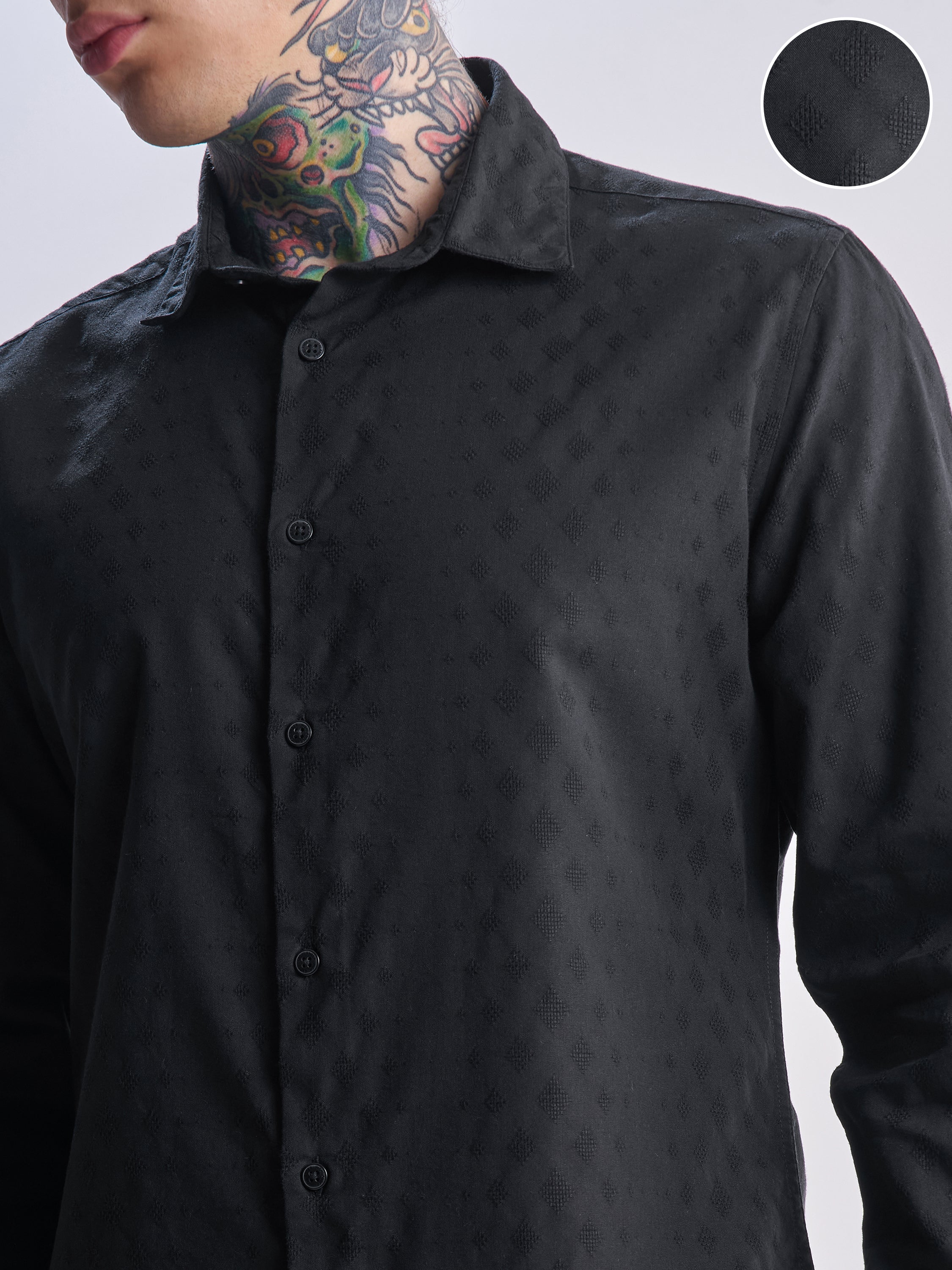 Highlander Men Black Self Design Slim Fit Casual Shirt - Black - Image 5