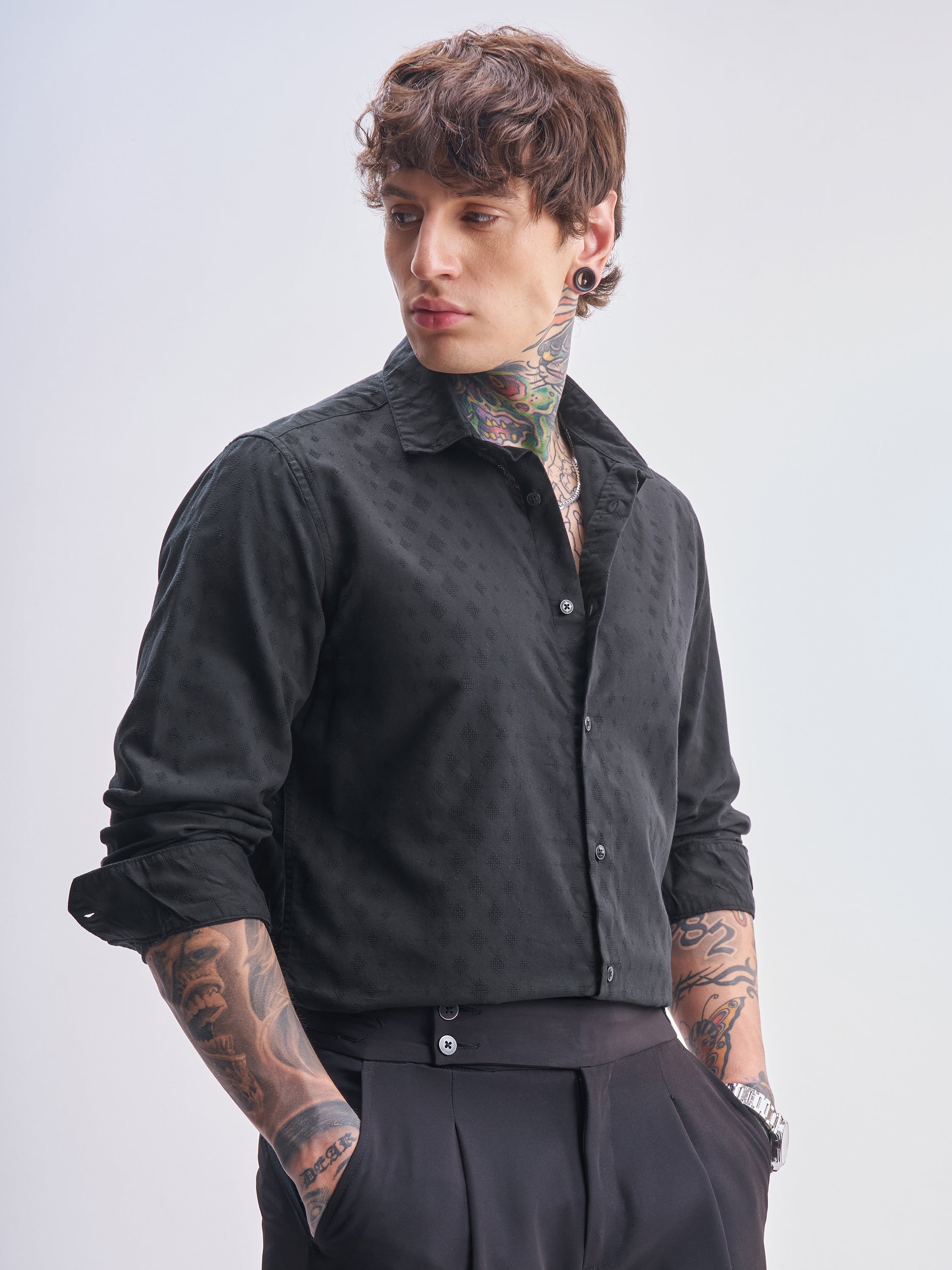 Highlander Men Black Self Design Slim Fit Casual Shirt - Black - Image 6