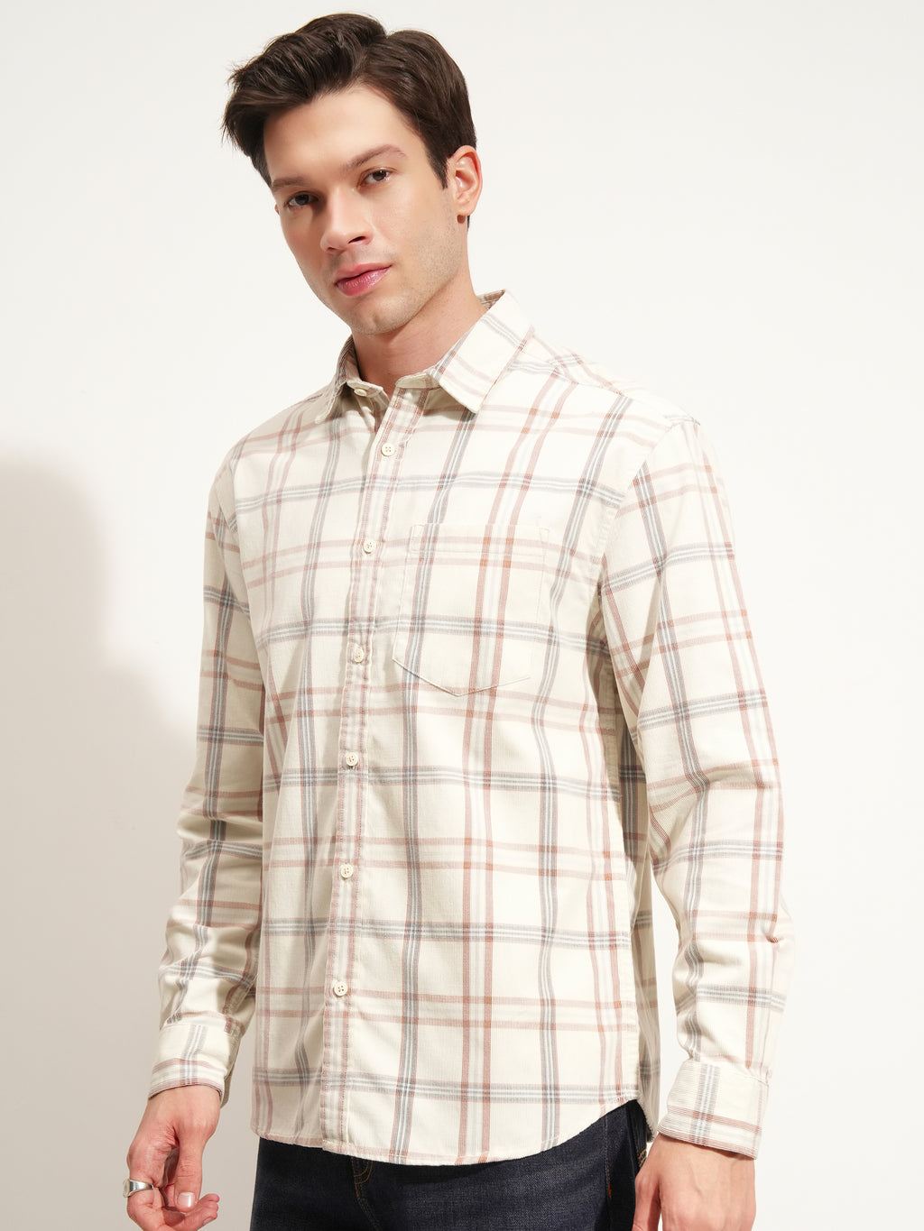 Highlander Men Cream Checked Relaxed Fit Casual Shirt - Cream - Image 4