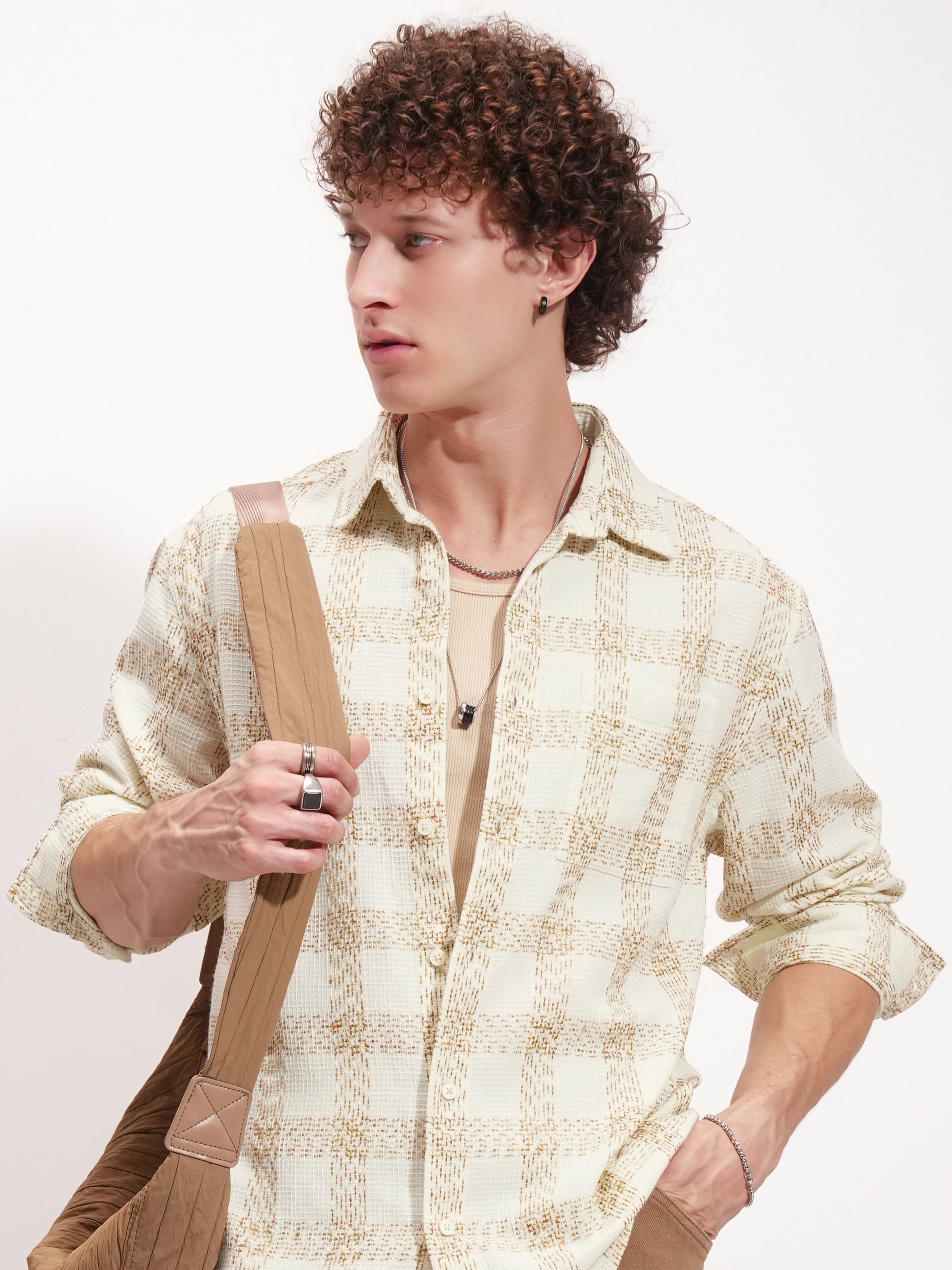 Highlander Men Cream Checked Relaxed Fit Casual Shirt - Cream - Image 1