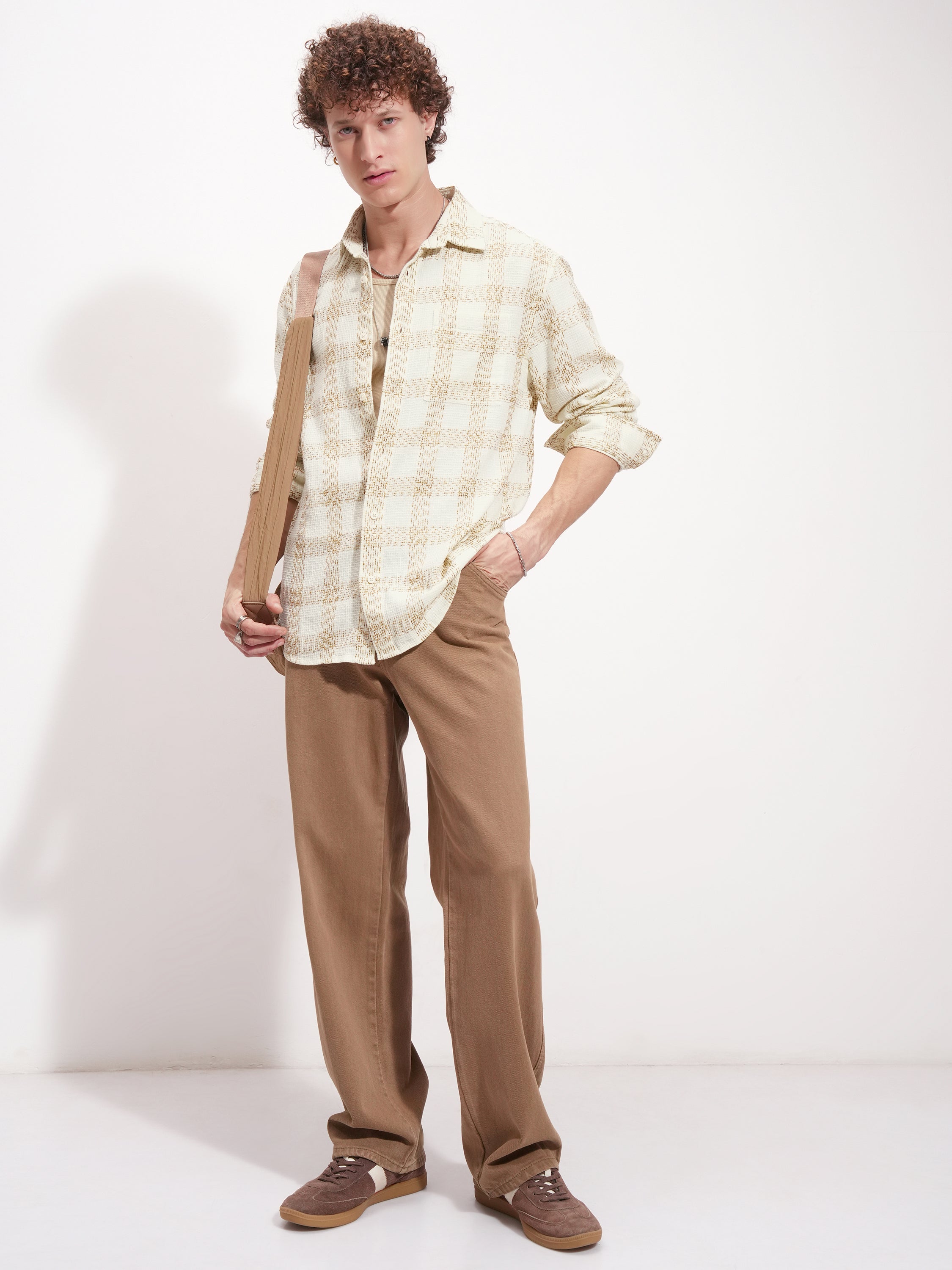 Highlander Men Cream Checked Relaxed Fit Casual Shirt - Cream - Image 2