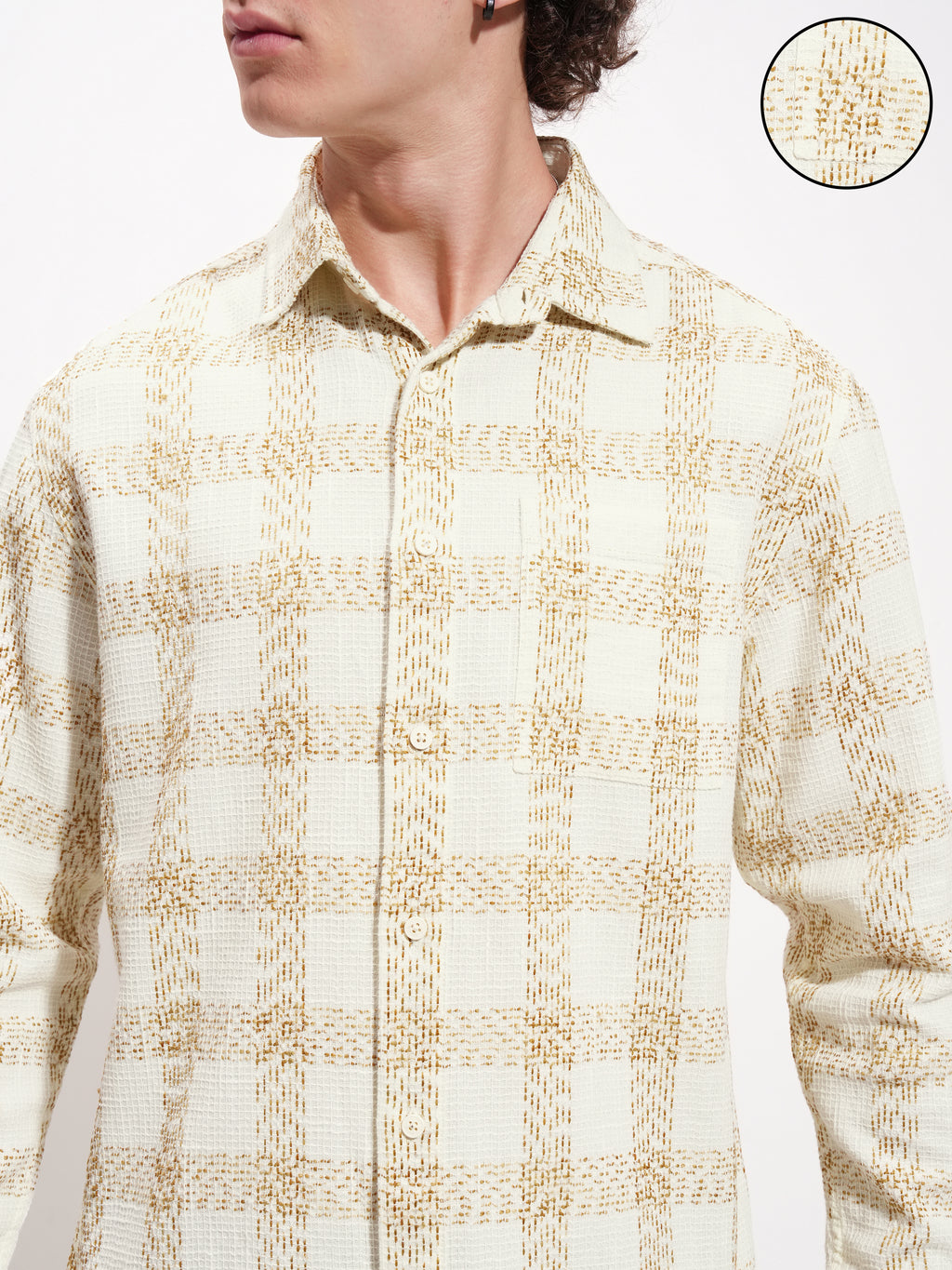 Highlander Men Cream Checked Relaxed Fit Casual Shirt - Cream - Image 5