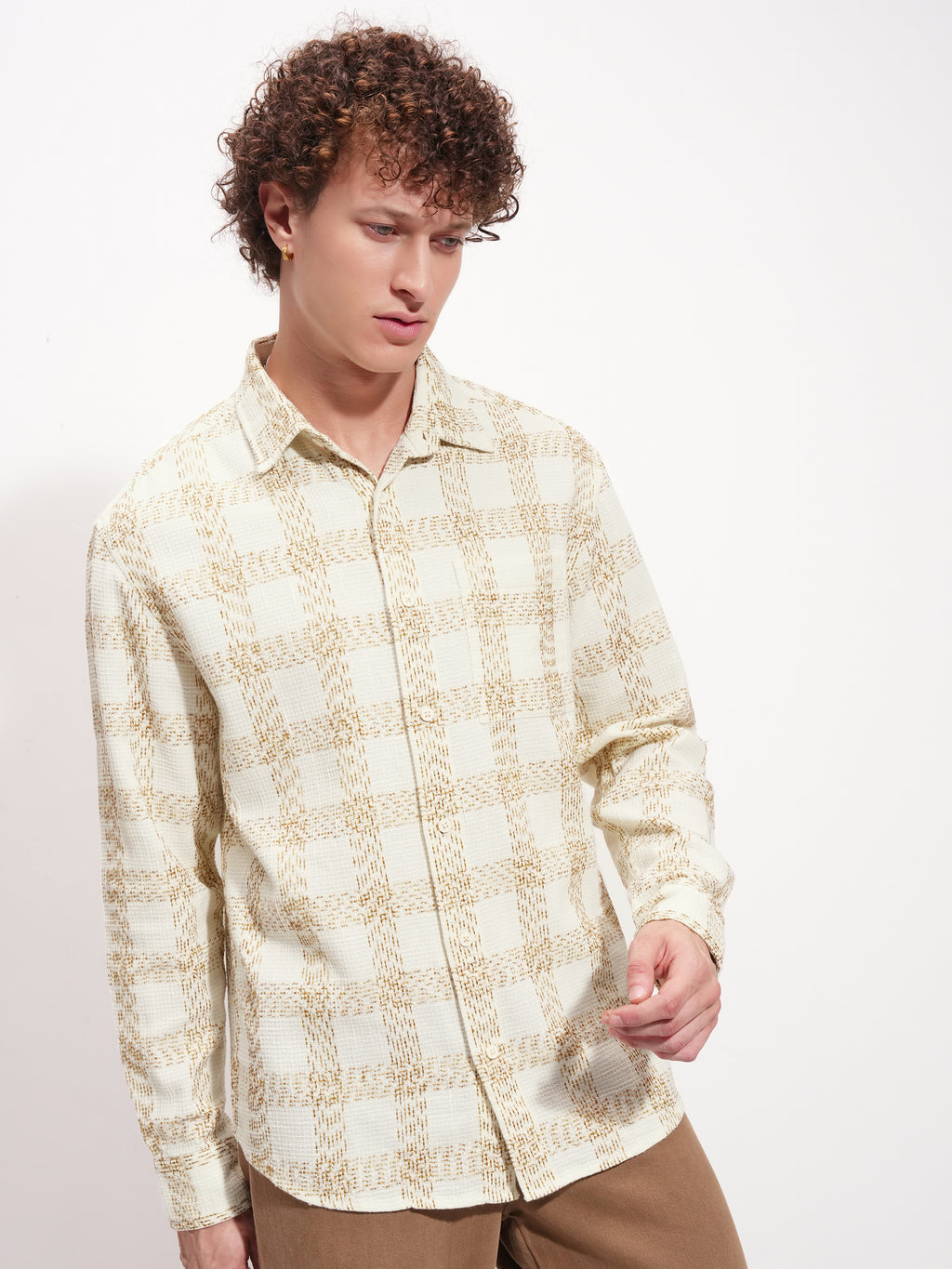 Highlander Men Cream Checked Relaxed Fit Casual Shirt - Cream - Image 6