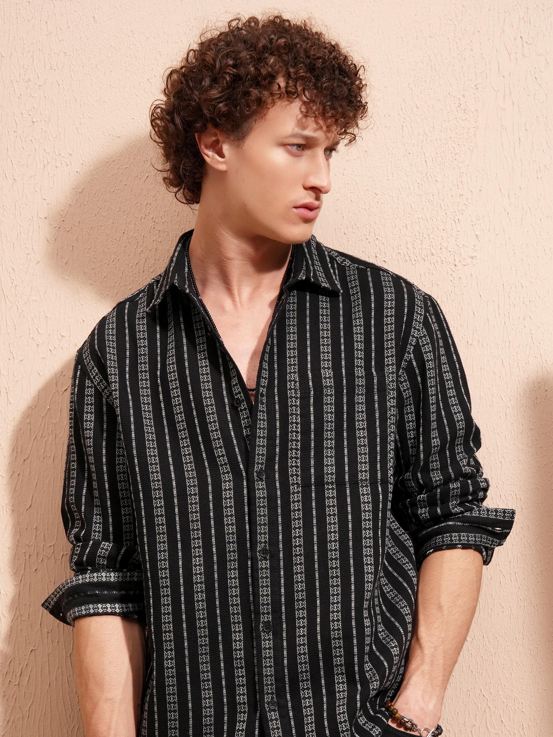 Highlander Men Black Striped Relaxed Fit Casual Shirt - Black - Image 1