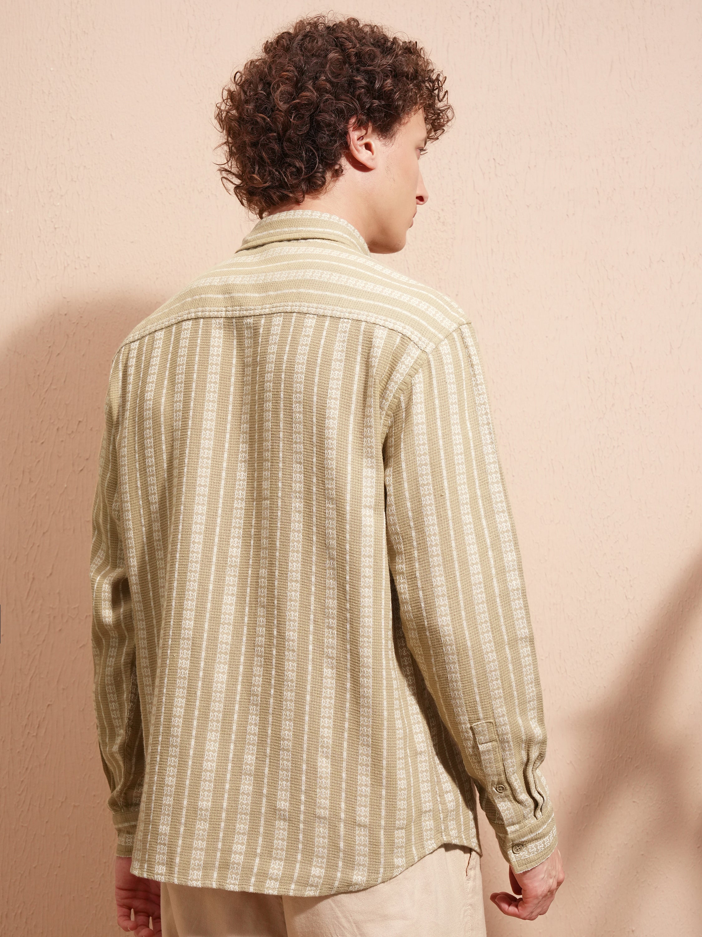Highlander Men Beige Striped Relaxed Fit Casual Shirt - Beige - Image 3