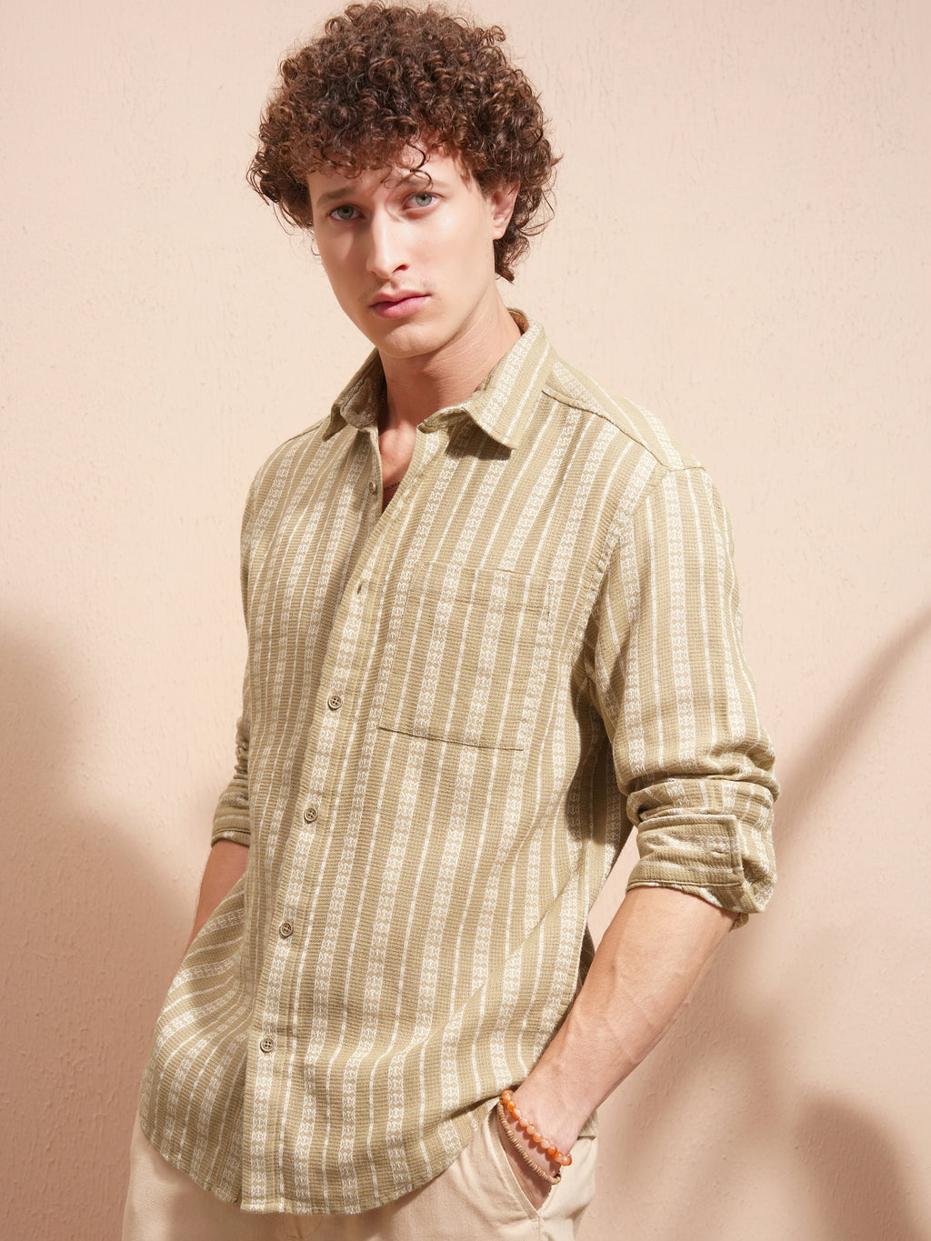 Highlander Men Beige Striped Relaxed Fit Casual Shirt - Beige - Image 4