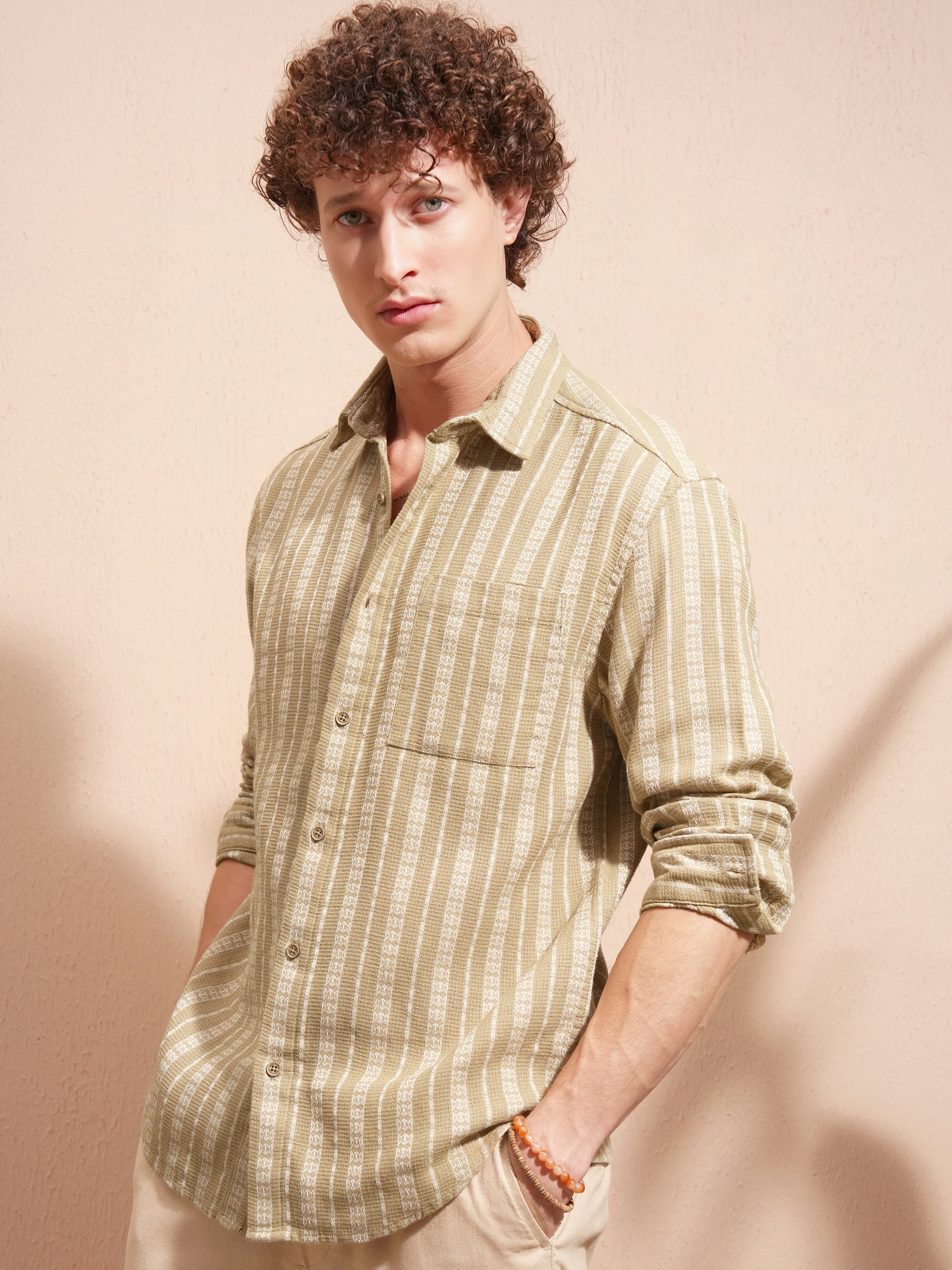 Highlander Men Beige Striped Relaxed Fit Casual Shirt - Beige - Image 4