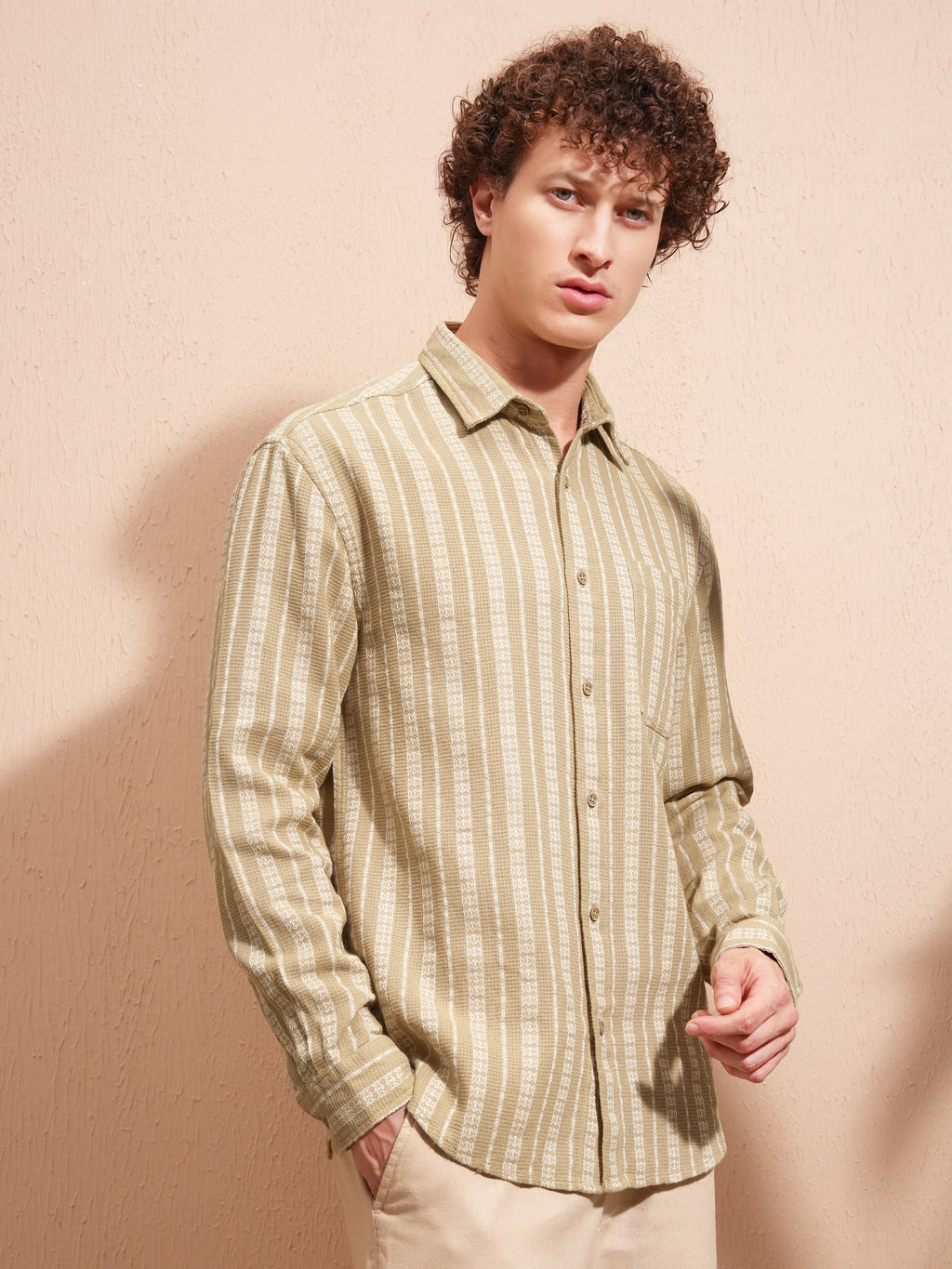 Highlander Men Beige Striped Relaxed Fit Casual Shirt - Beige - Image 6