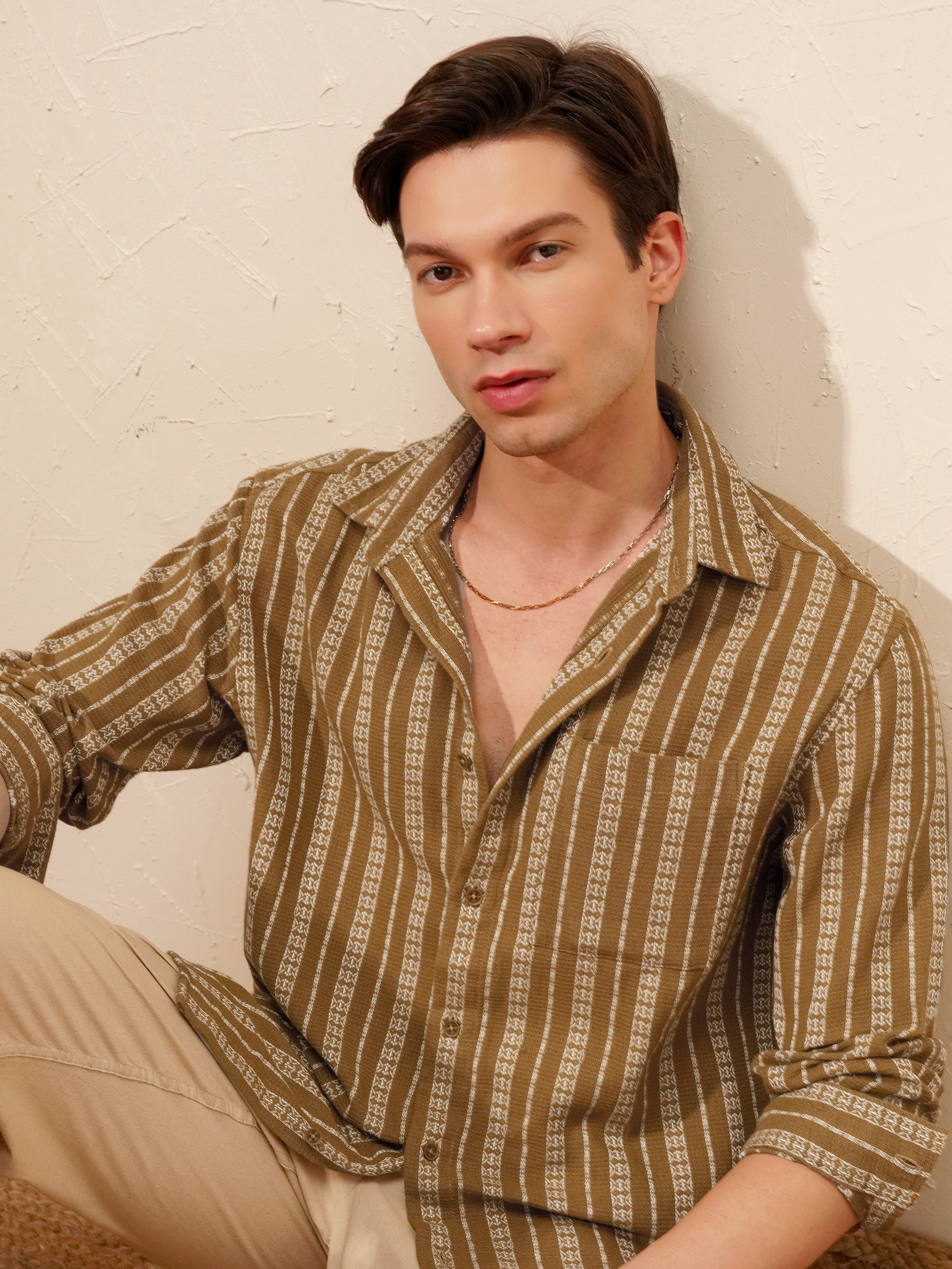 Highlander Men Khaki Striped Relaxed Fit Casual Shirt - Khaki - Image 1