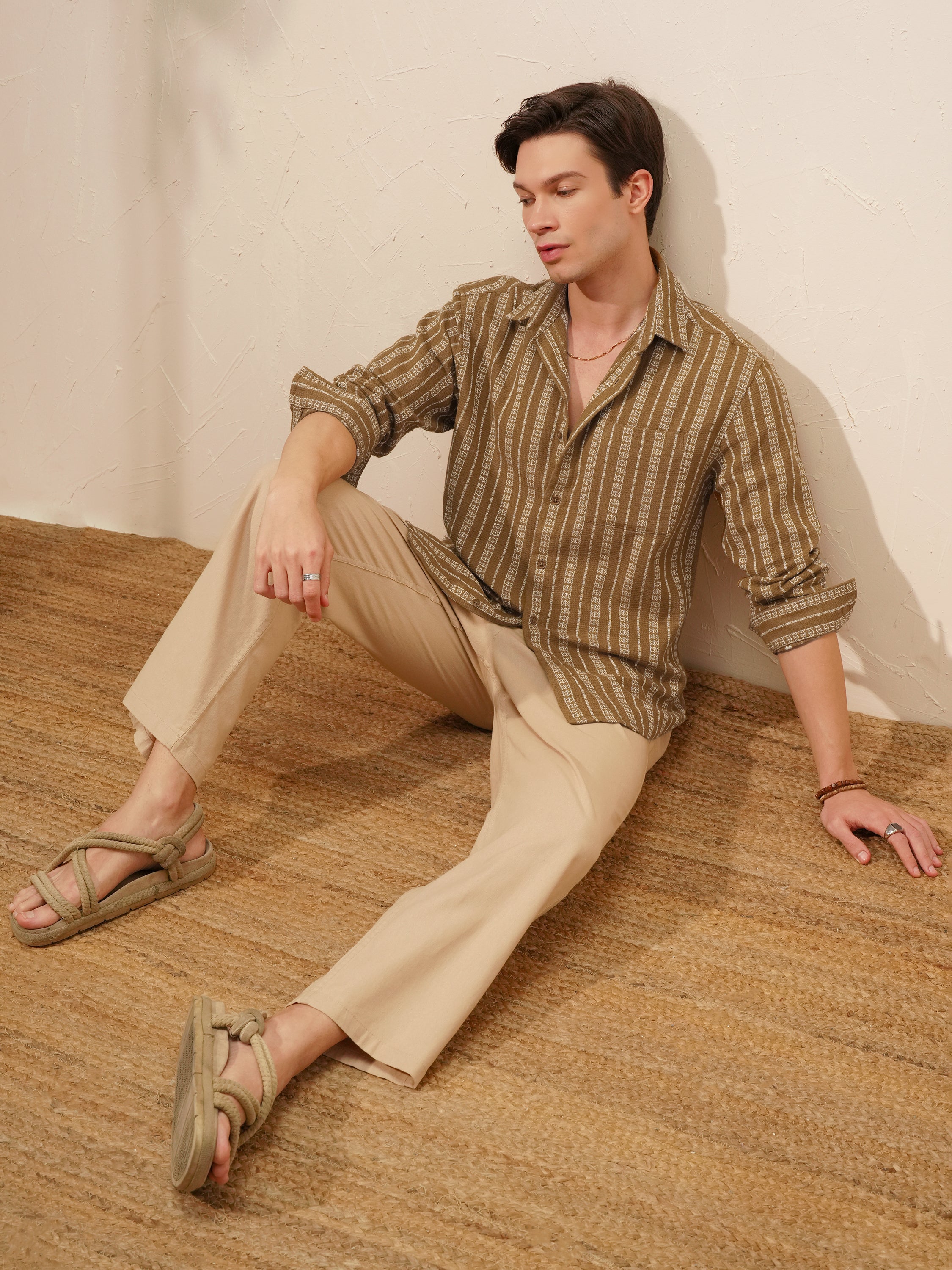 Highlander Men Khaki Striped Relaxed Fit Casual Shirt - Khaki - Image 2