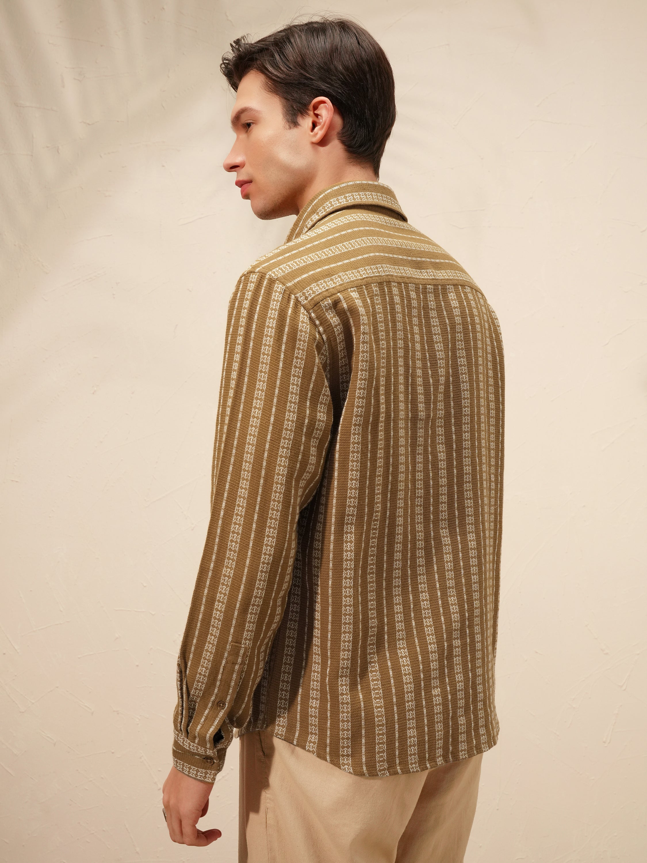 Highlander Men Khaki Striped Relaxed Fit Casual Shirt - Khaki - Image 3