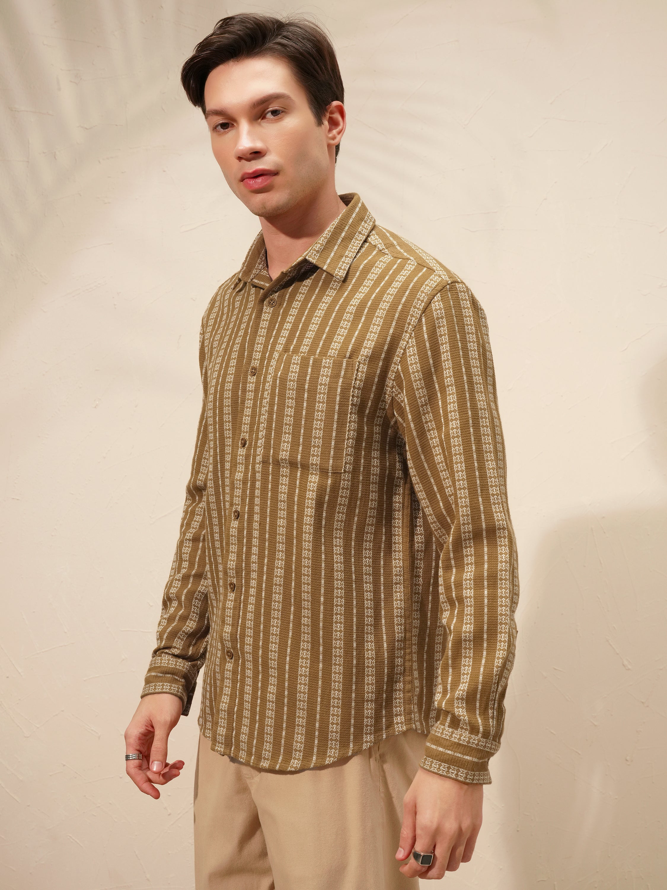 Highlander Men Khaki Striped Relaxed Fit Casual Shirt - Khaki - Image 4