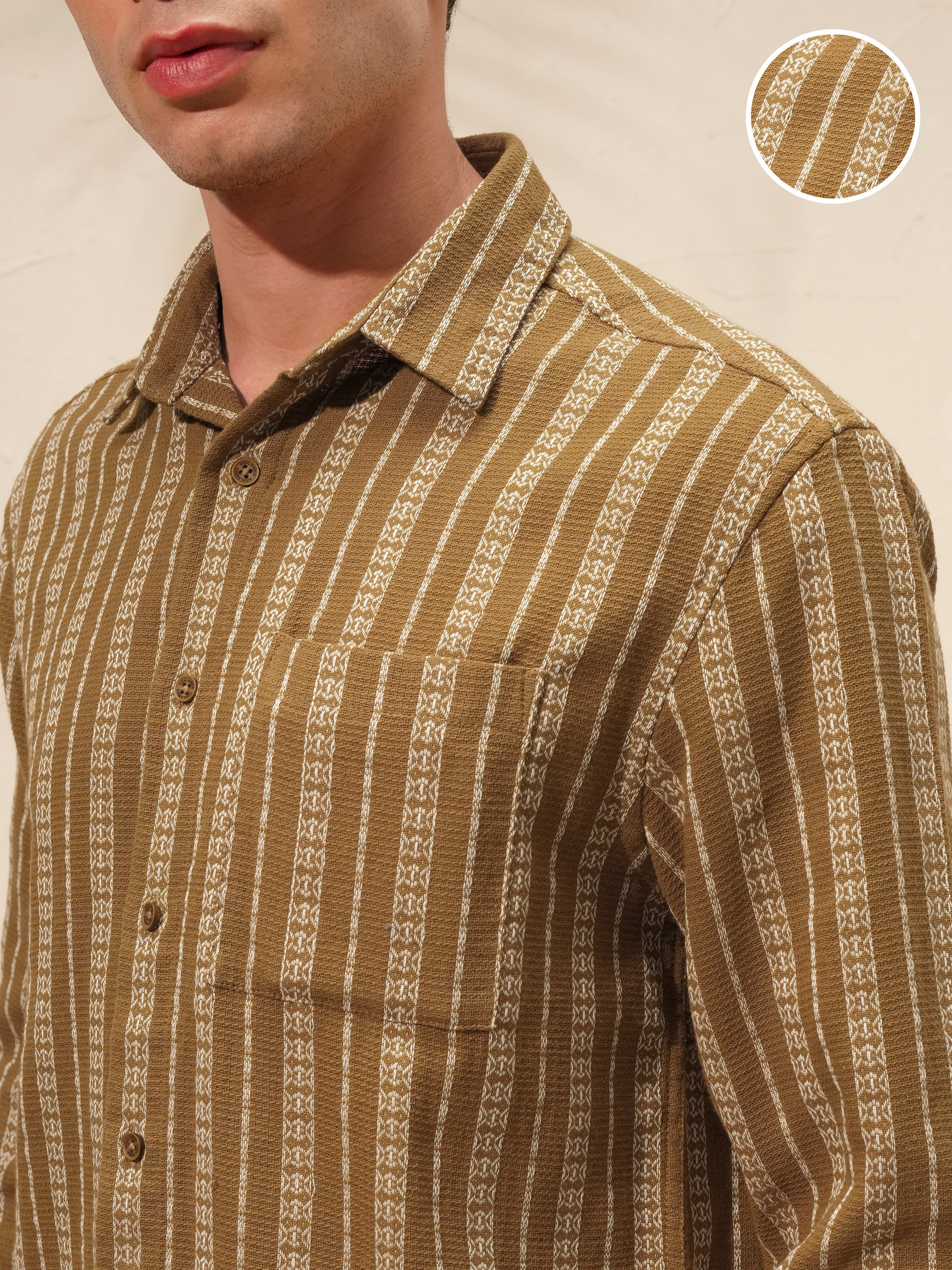 Highlander Men Khaki Striped Relaxed Fit Casual Shirt - Khaki - Image 5