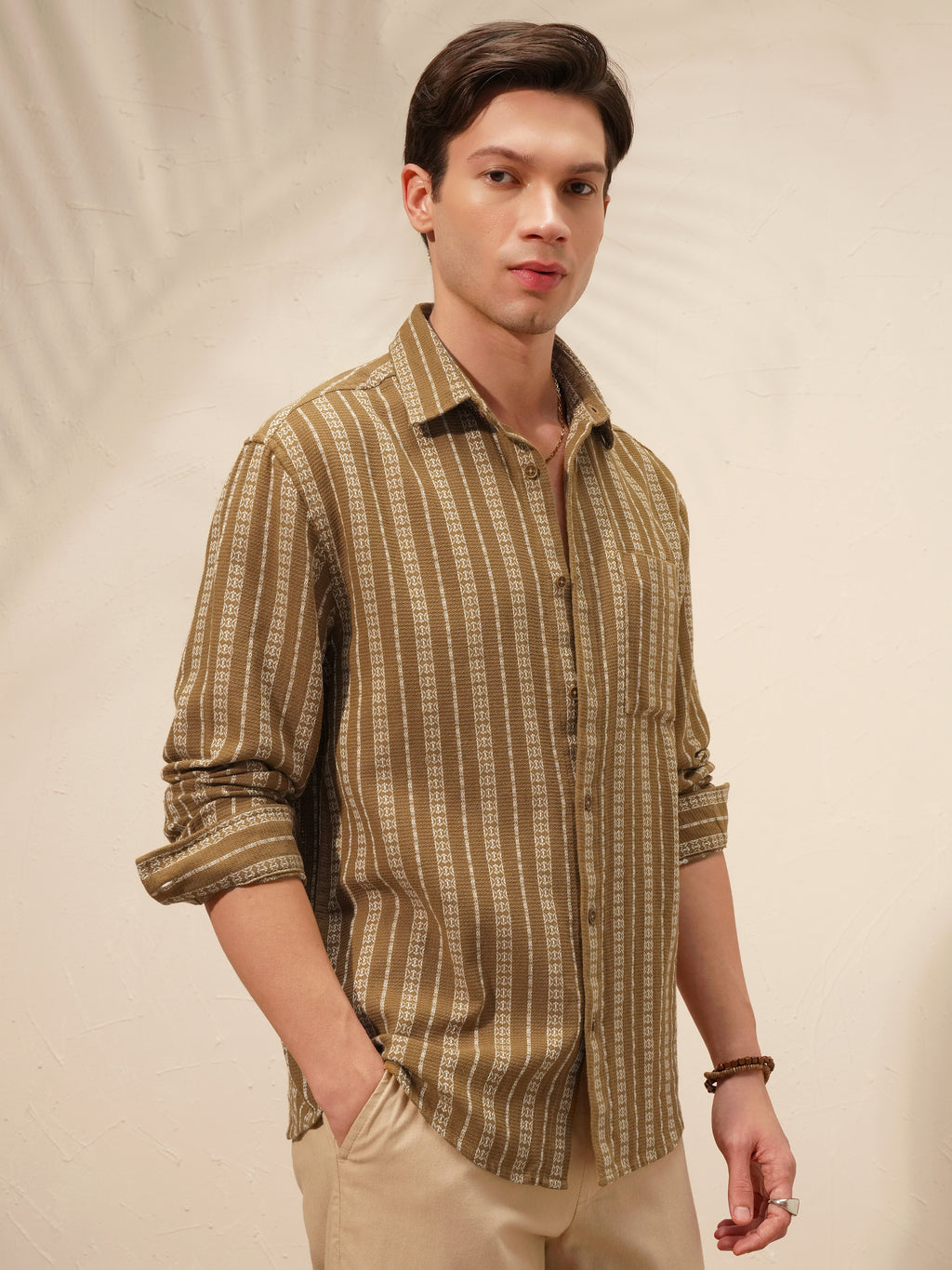 Highlander Men Khaki Striped Relaxed Fit Casual Shirt - Khaki - Image 6