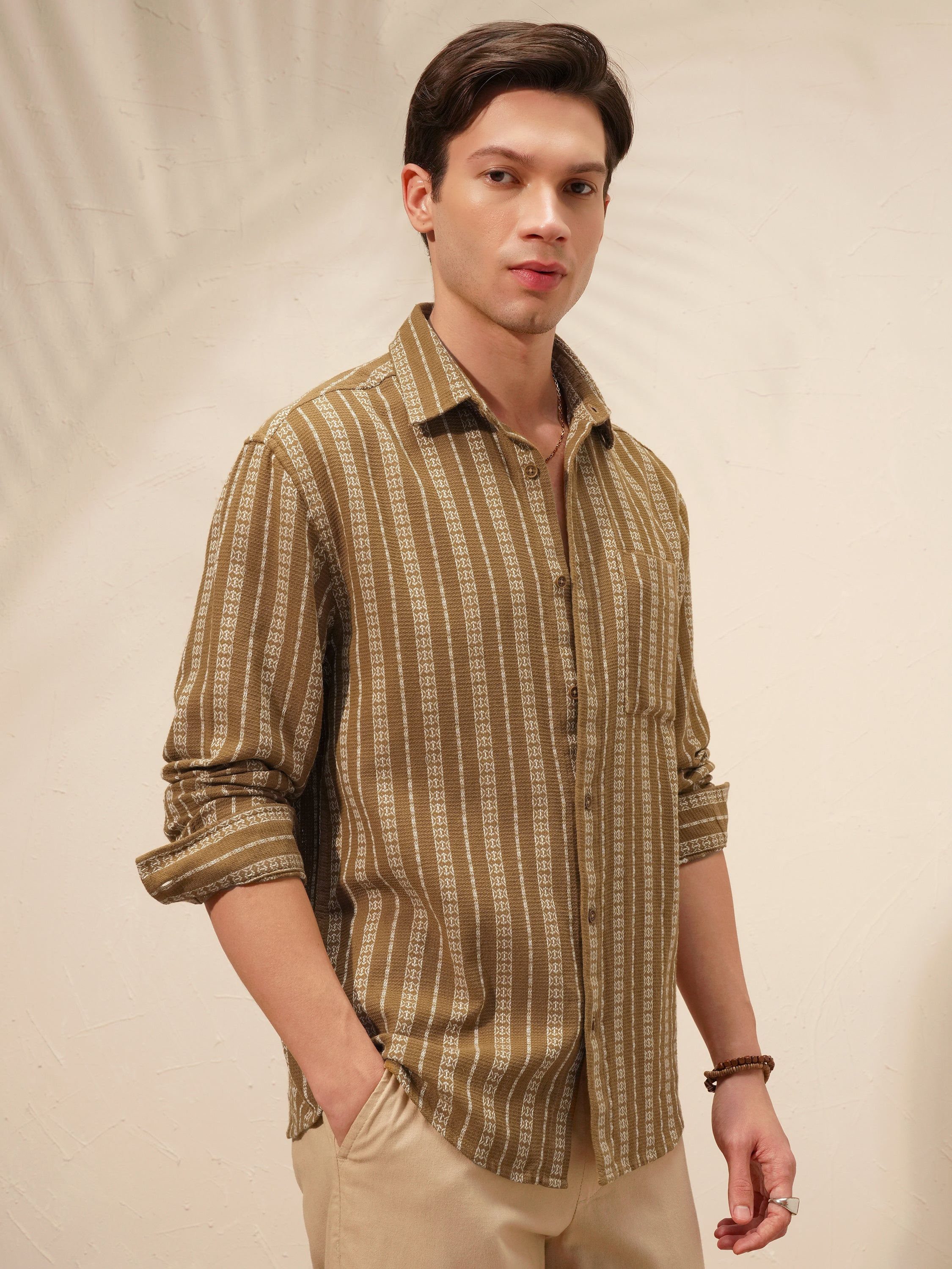 Highlander Men Khaki Striped Relaxed Fit Casual Shirt - Khaki - Image 6