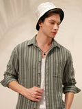 Highlander Men Olive Striped Relaxed Fit Casual Shirt - Olive - Image 1