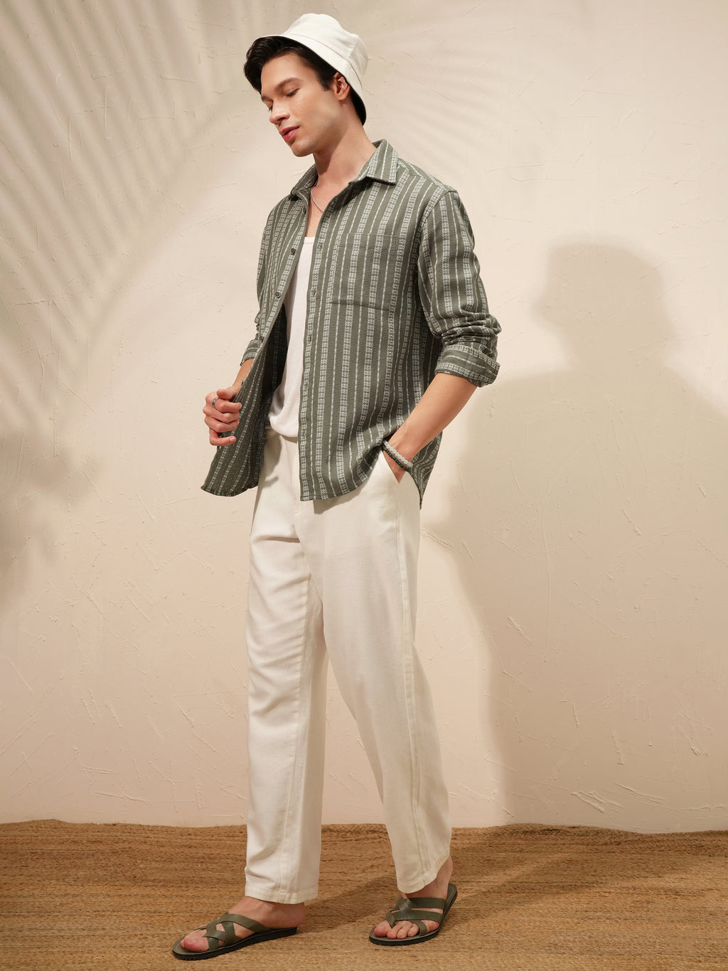 Highlander Men Olive Striped Relaxed Fit Casual Shirt - Olive - Image 2