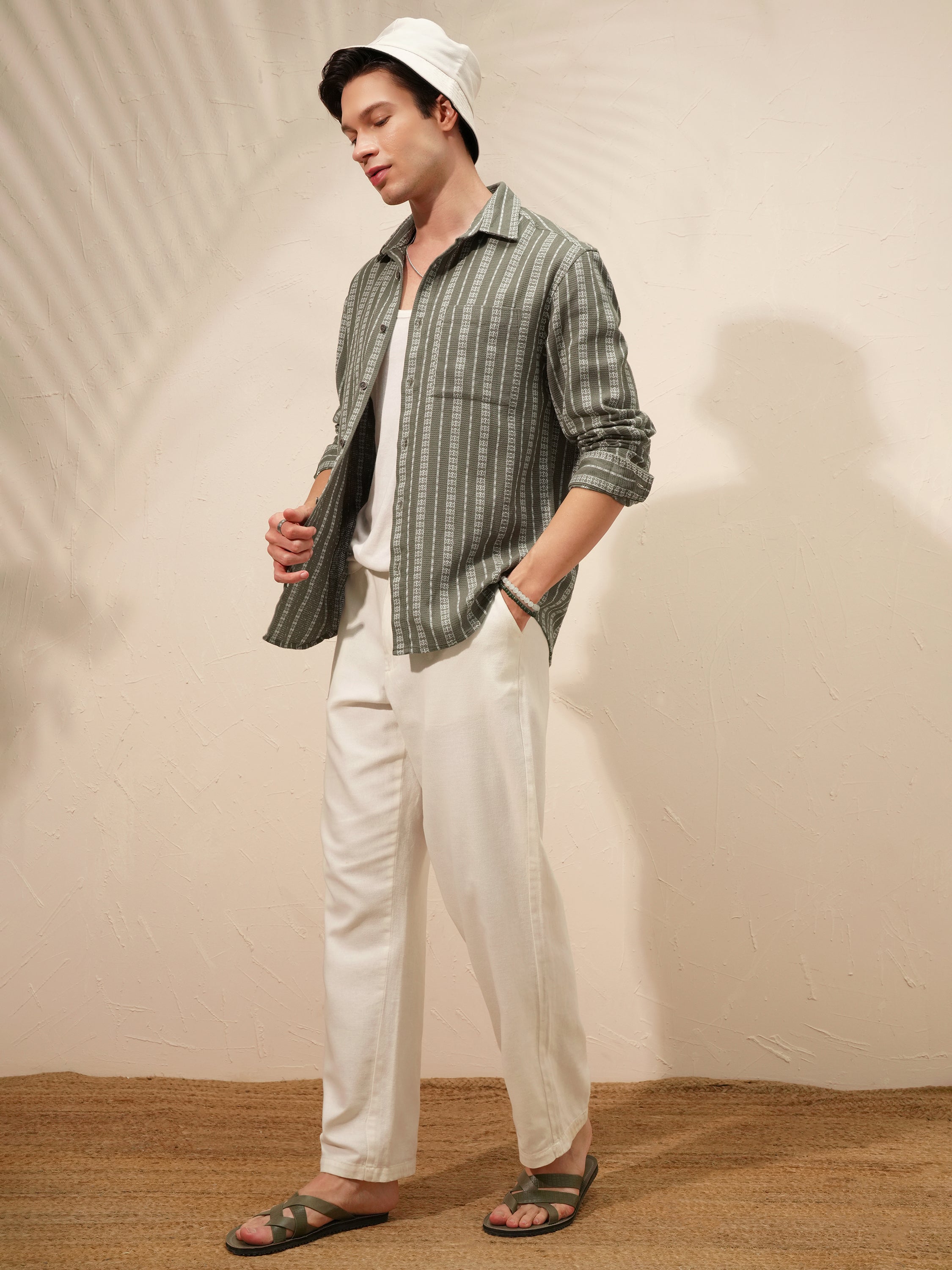 Highlander Men Olive Striped Relaxed Fit Casual Shirt - Olive - Image 2