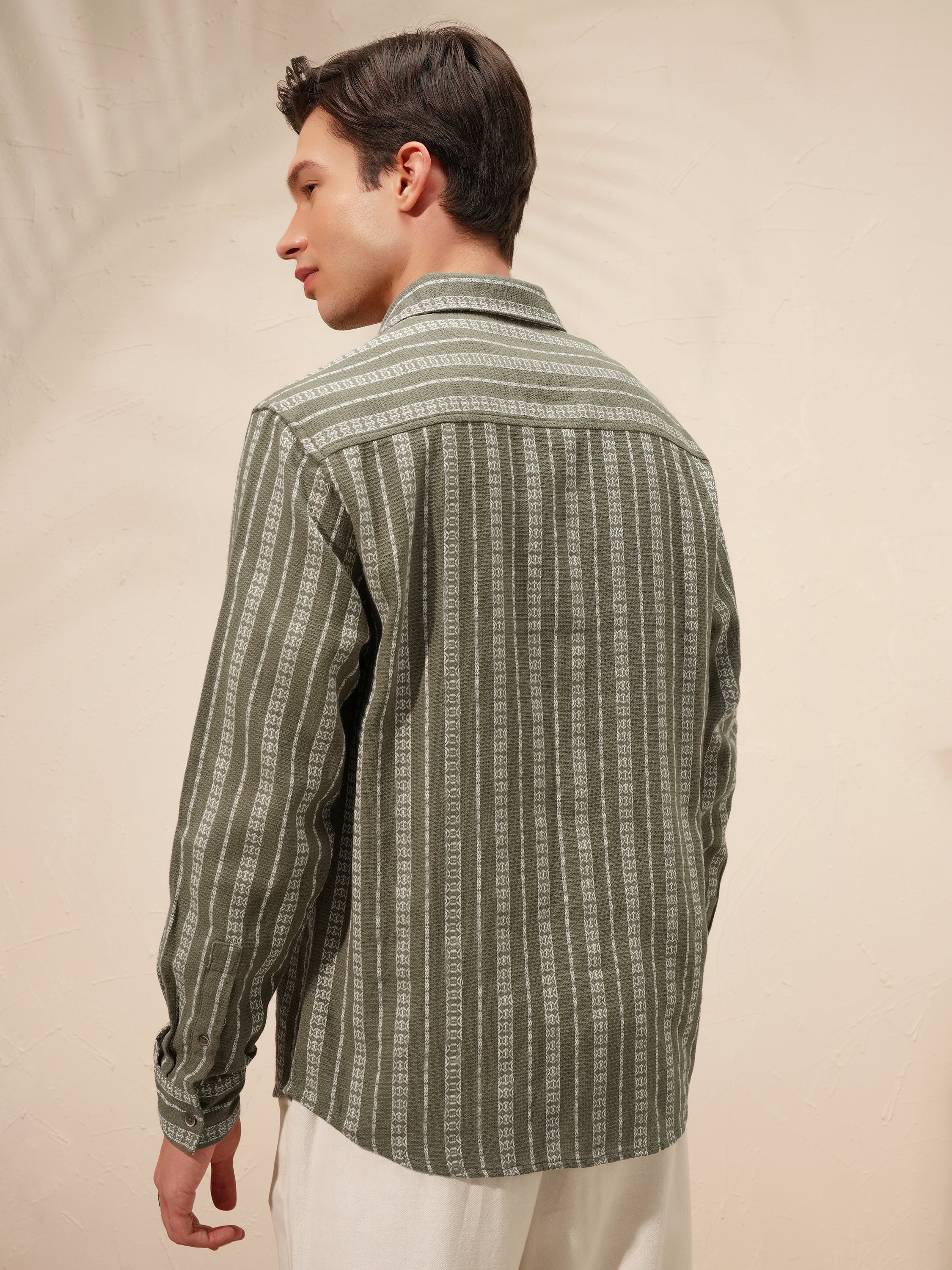 Highlander Men Olive Striped Relaxed Fit Casual Shirt - Olive - Image 3