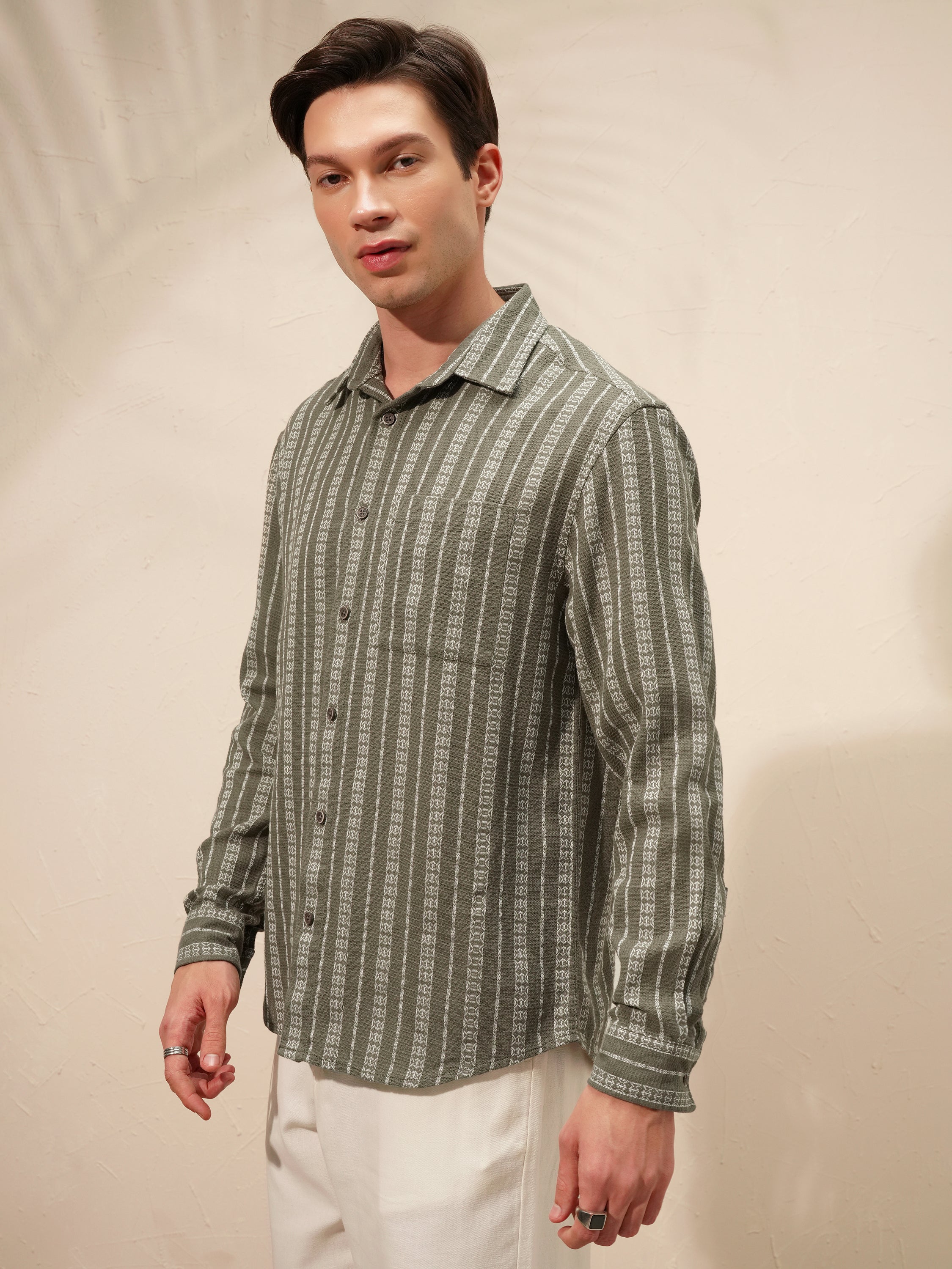 Highlander Men Olive Striped Relaxed Fit Casual Shirt - Olive - Image 4