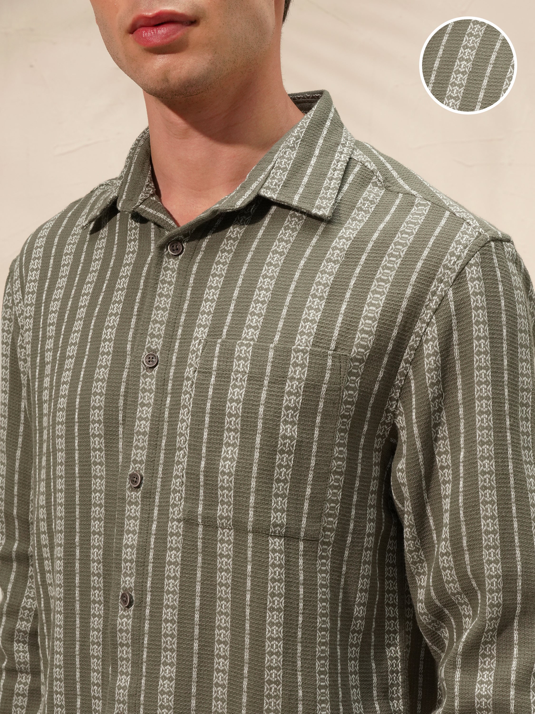 Highlander Men Olive Striped Relaxed Fit Casual Shirt - Olive - Image 5