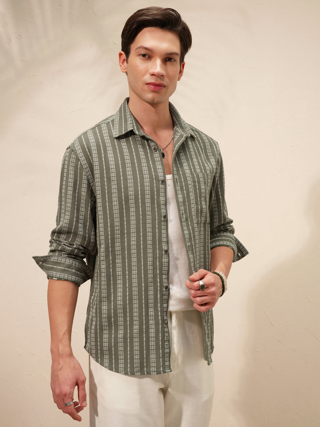 Highlander Men Olive Striped Relaxed Fit Casual Shirt - Olive - Image 6