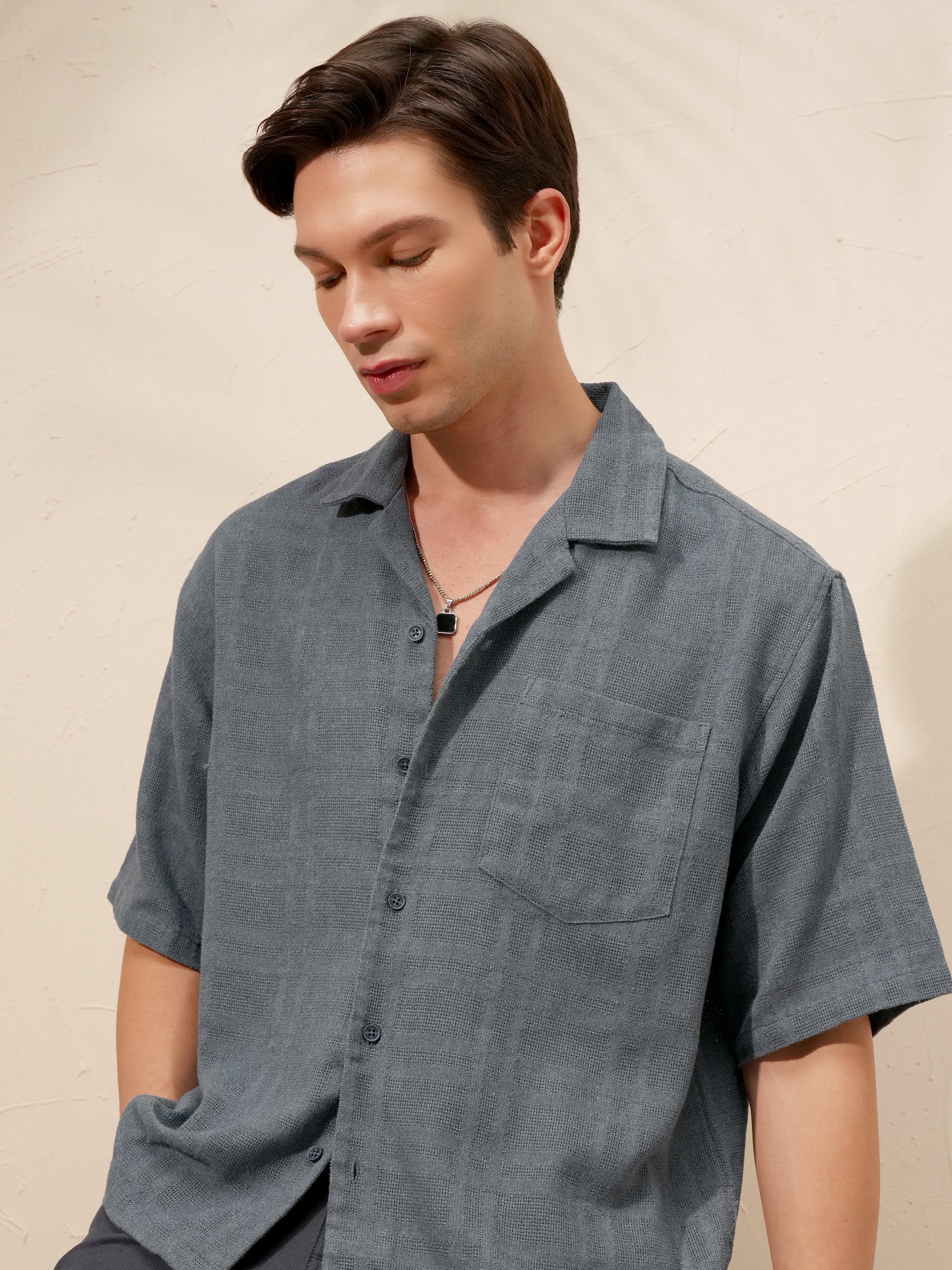 Highlander Men Blue Self Design Boxy Fit Casual Shirt - Blue - Image 1