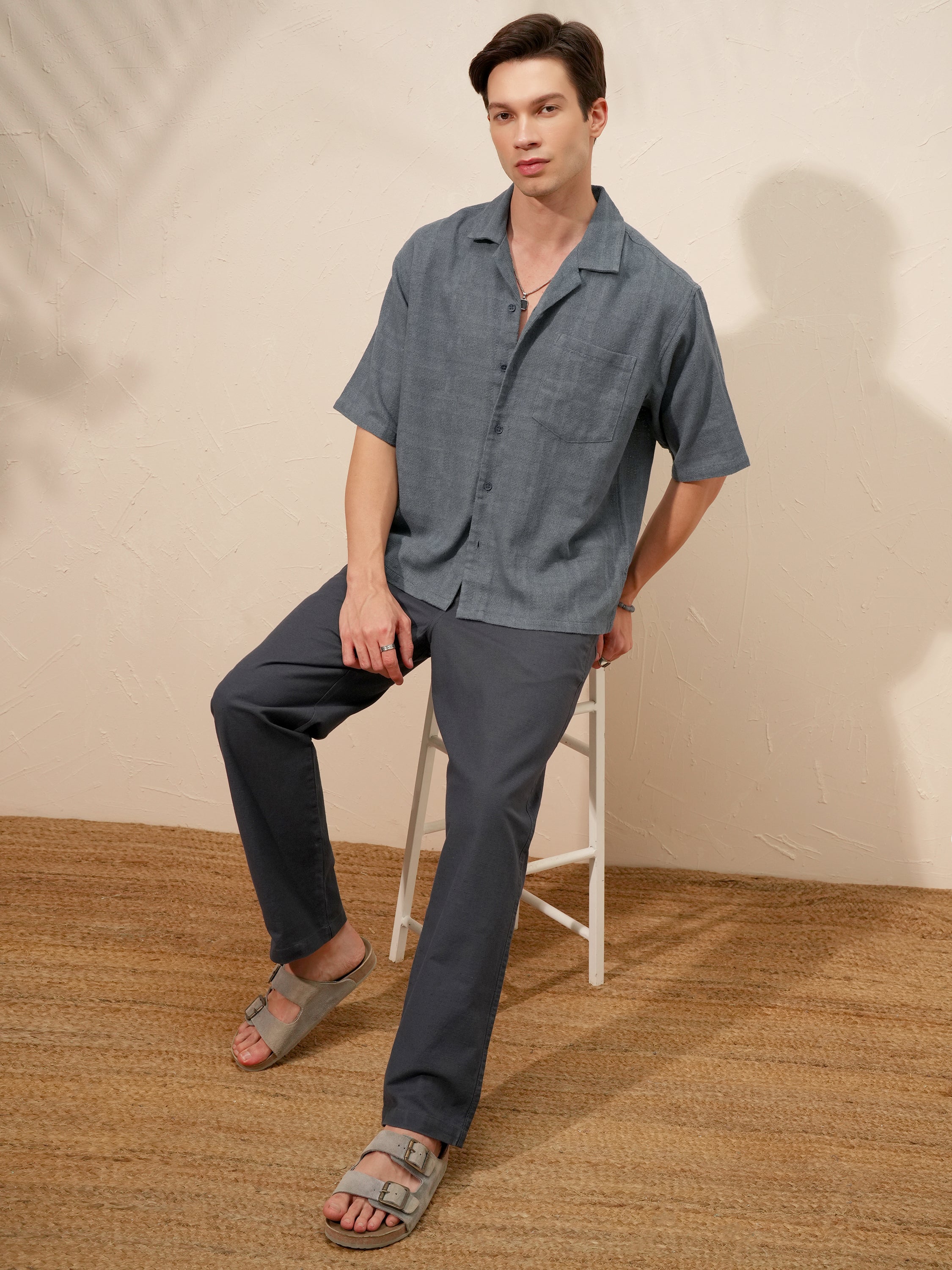 Highlander Men Blue Self Design Boxy Fit Casual Shirt - Blue - Image 2