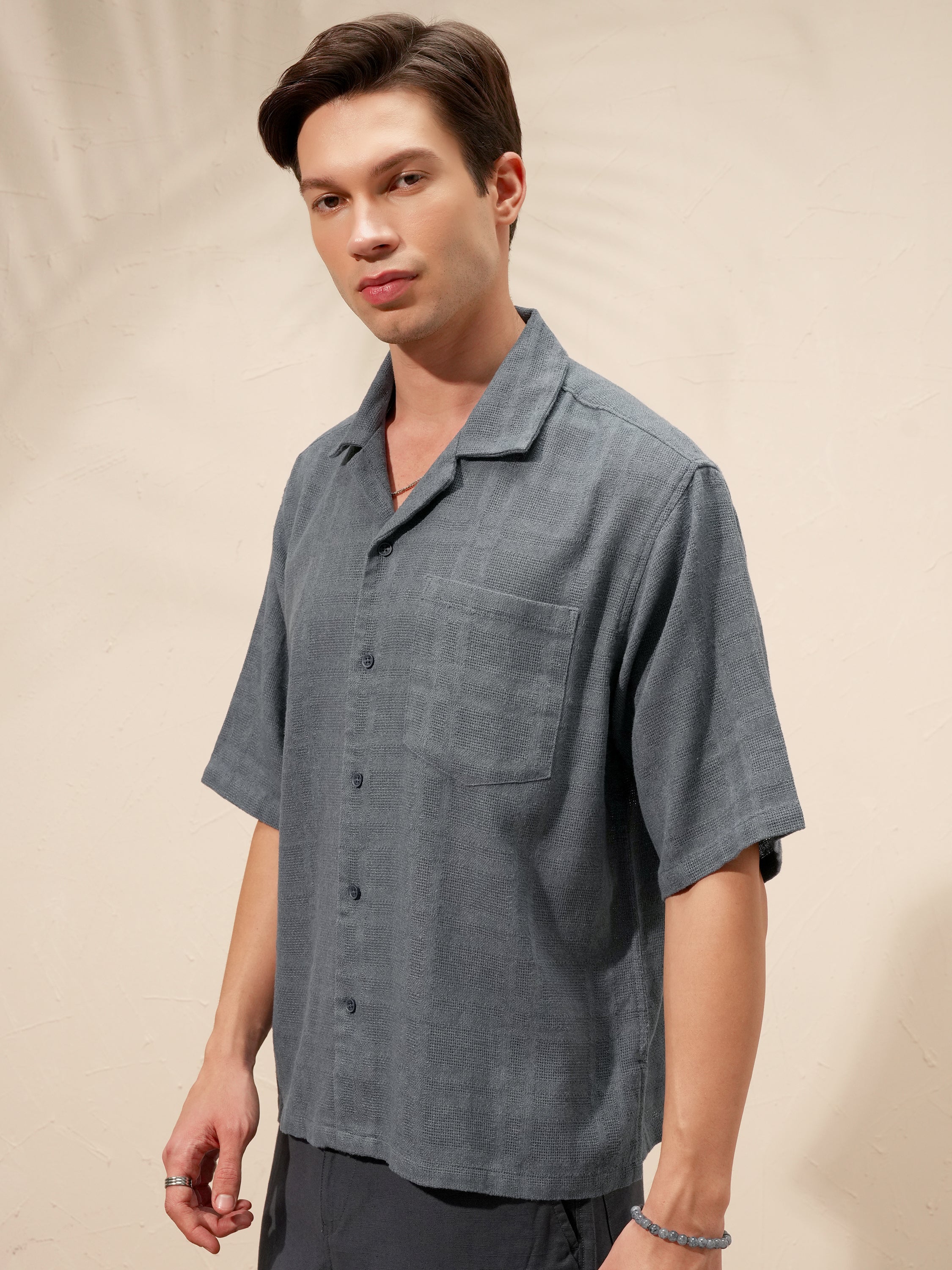 Highlander Men Blue Self Design Boxy Fit Casual Shirt - Blue - Image 4
