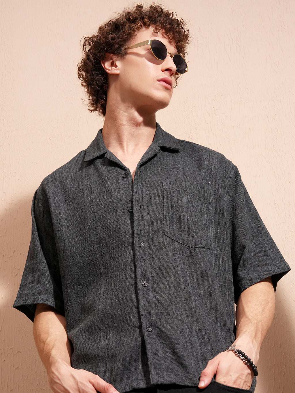 Highlander Men Charcoal Self Design Boxy Fit Casual Shirt - Charcoal - Image 1