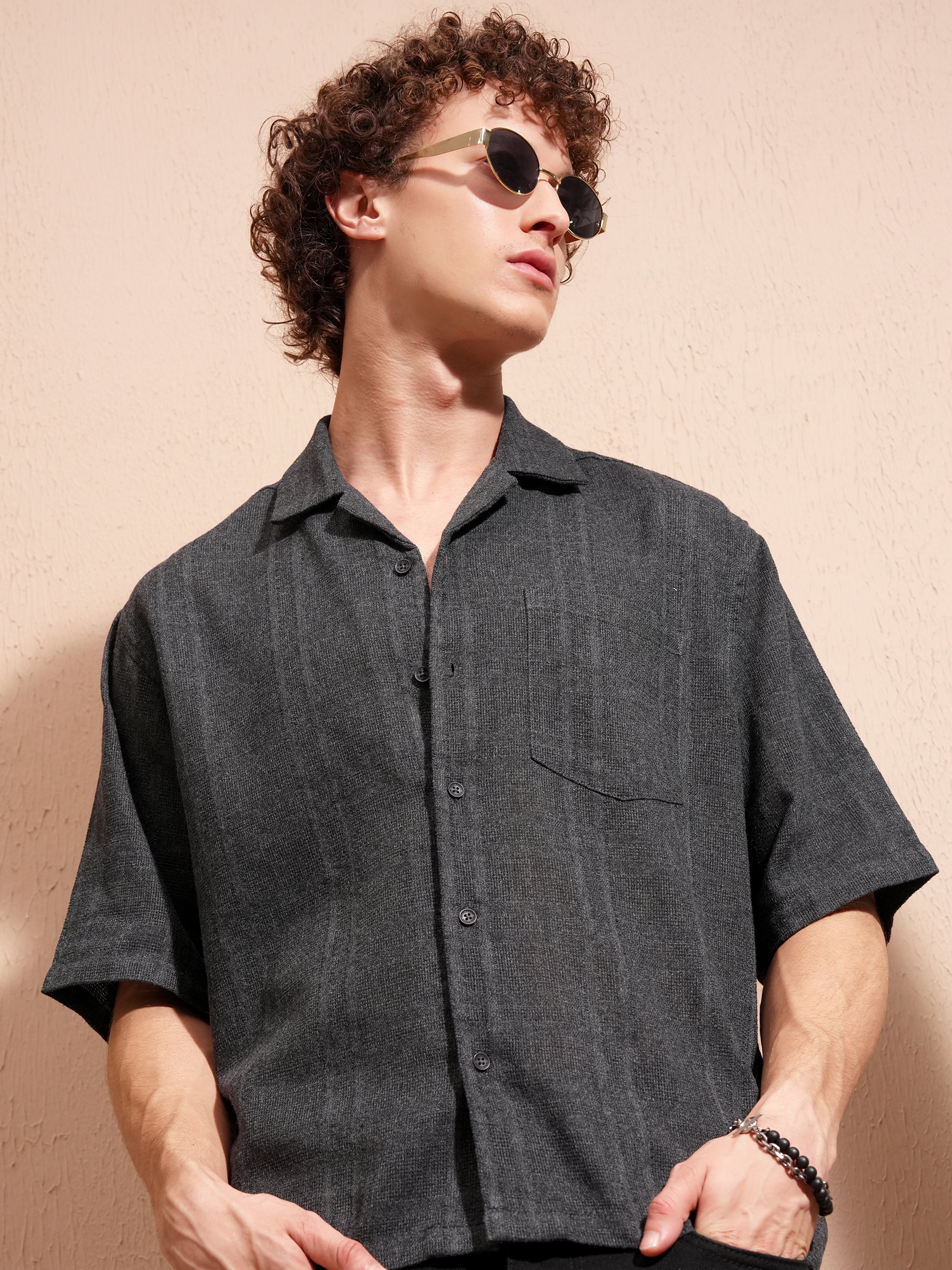 Highlander Men Charcoal Self Design Boxy Fit Casual Shirt - Charcoal - Image 1