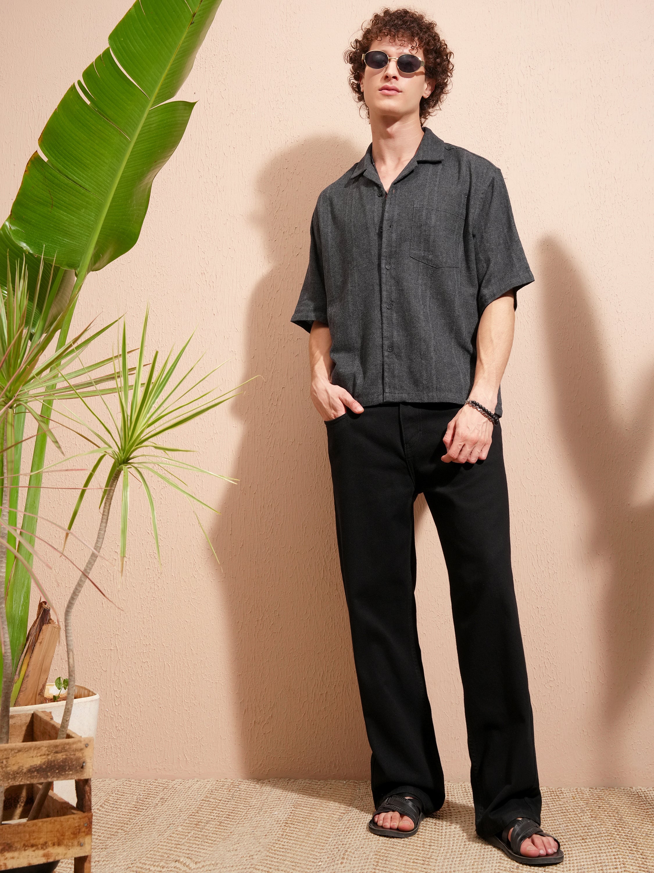 Highlander Men Charcoal Self Design Boxy Fit Casual Shirt - Charcoal - Image 2