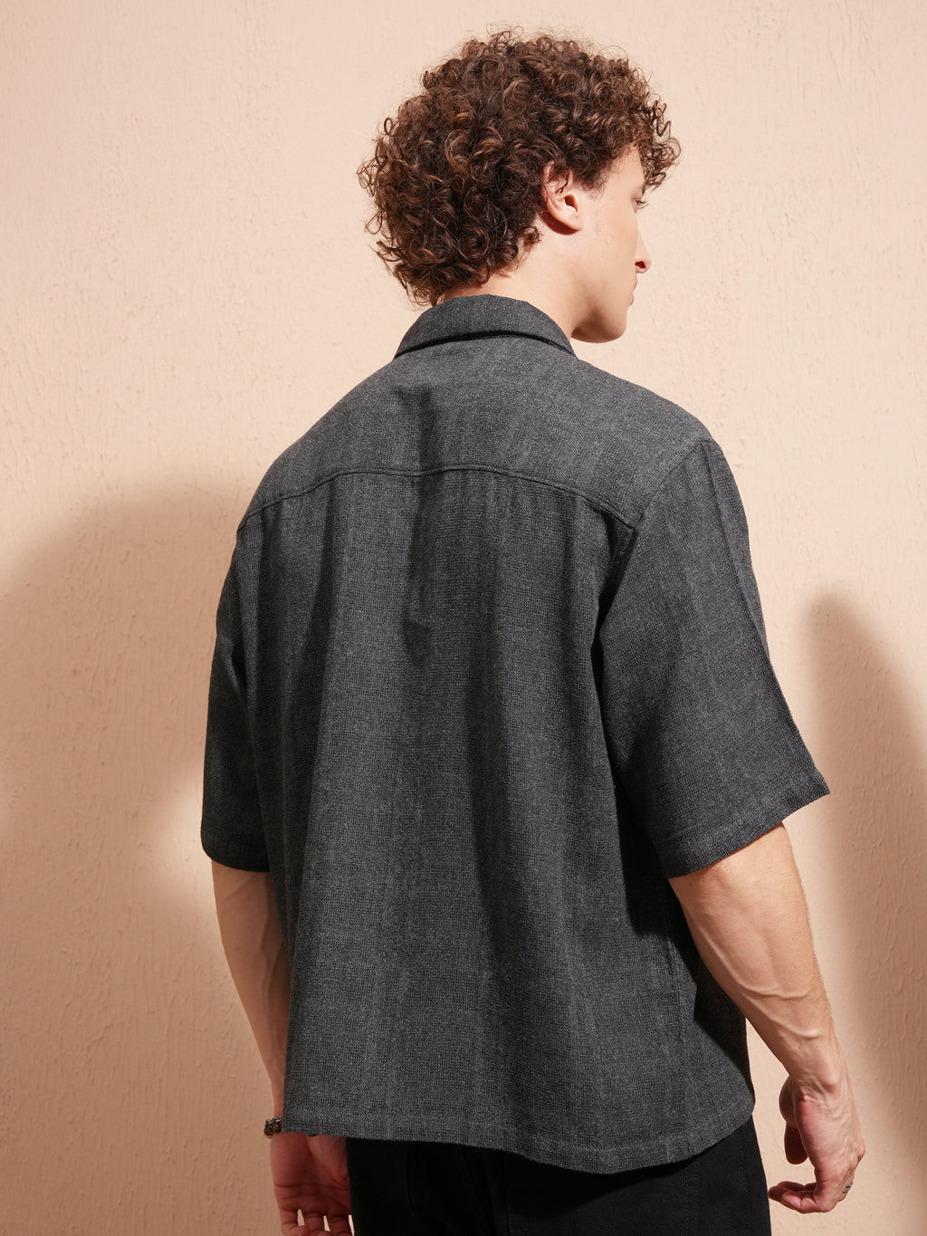 Highlander Men Charcoal Self Design Boxy Fit Casual Shirt - Charcoal - Image 3