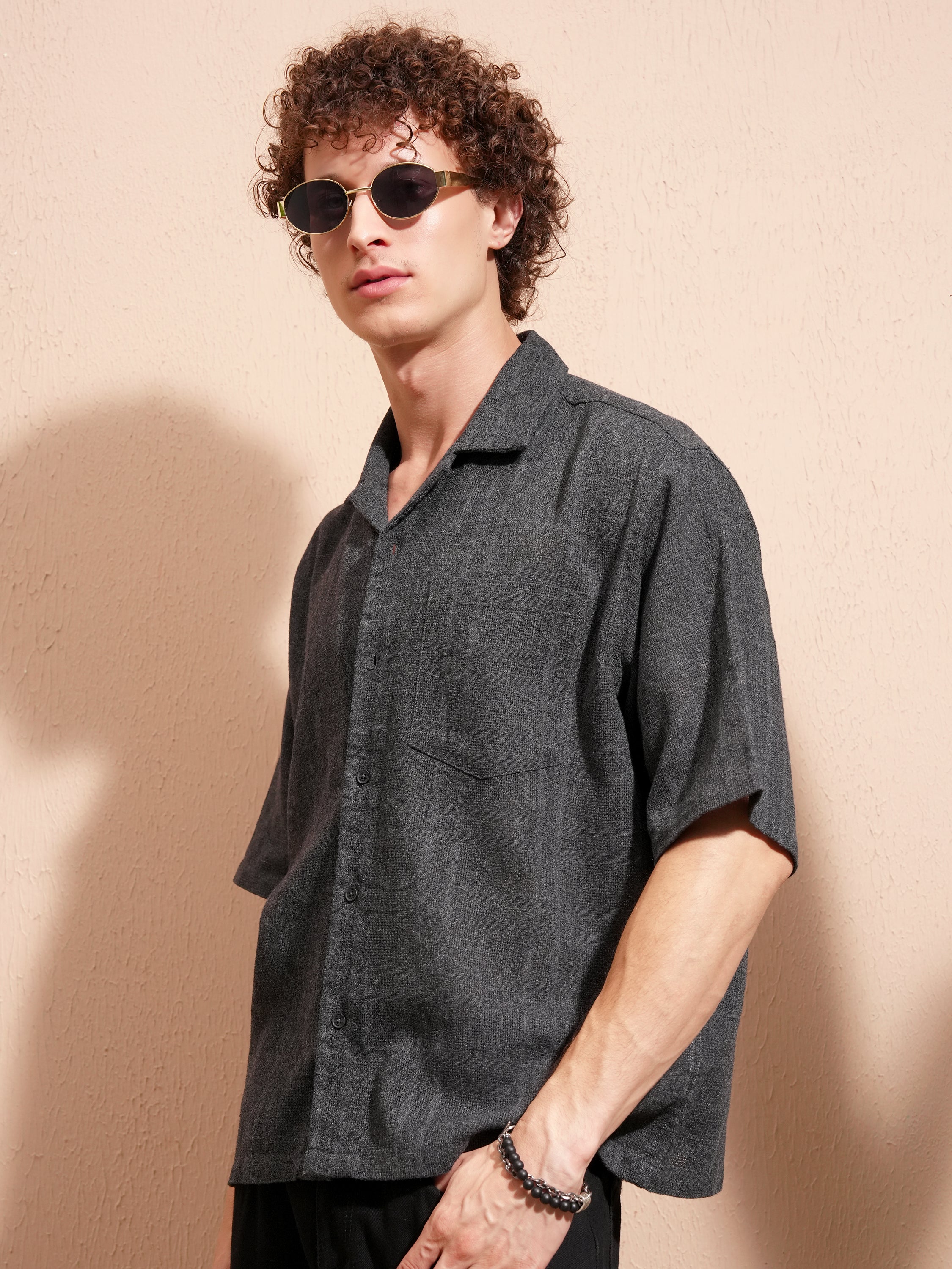 Highlander Men Charcoal Self Design Boxy Fit Casual Shirt - Charcoal - Image 4