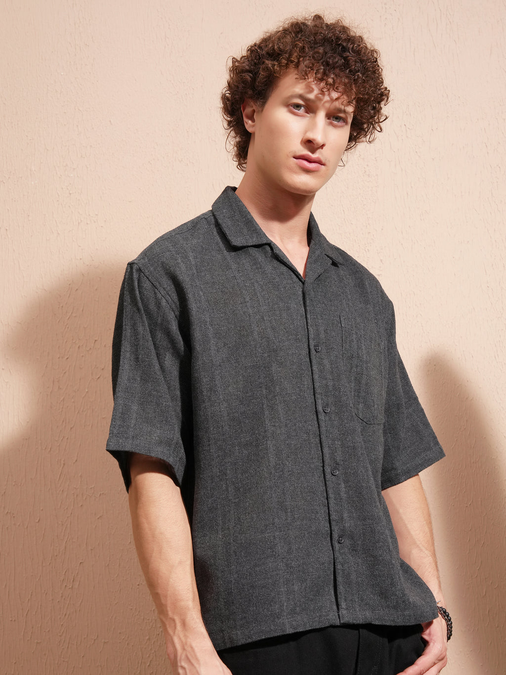 Highlander Men Charcoal Self Design Boxy Fit Casual Shirt - Charcoal - Image 6