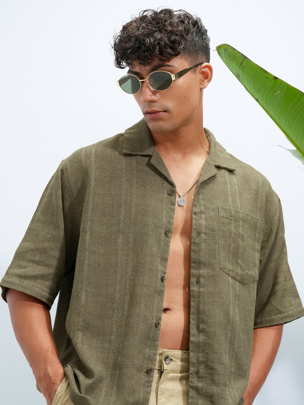 Highlander Men Olive Self Design Boxy Fit Casual Shirt - Olive - Image 1