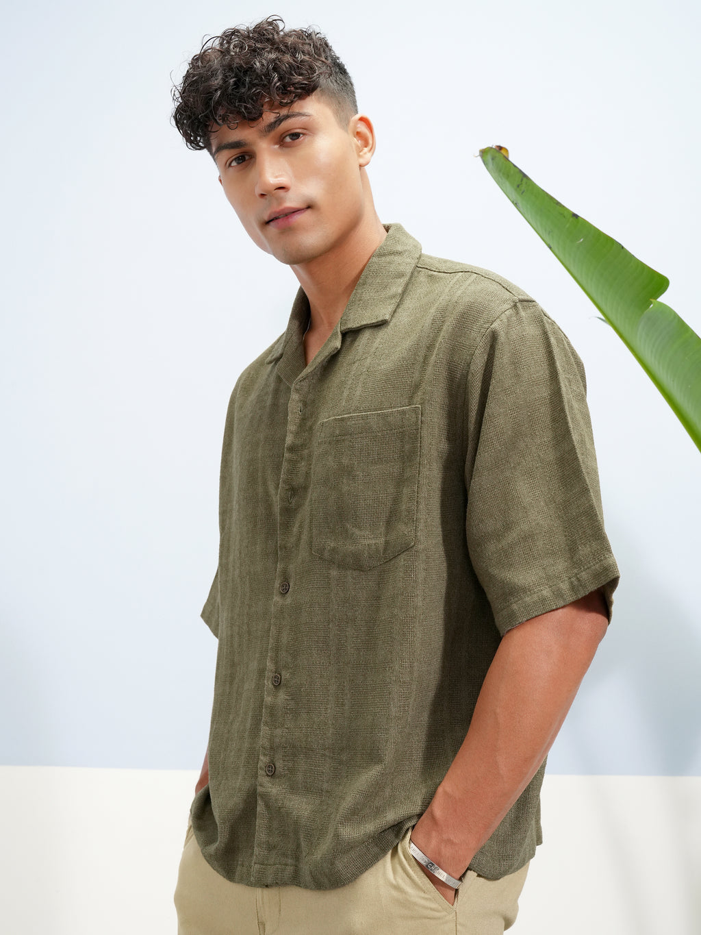 Highlander Men Olive Self Design Boxy Fit Casual Shirt - Olive - Image 4