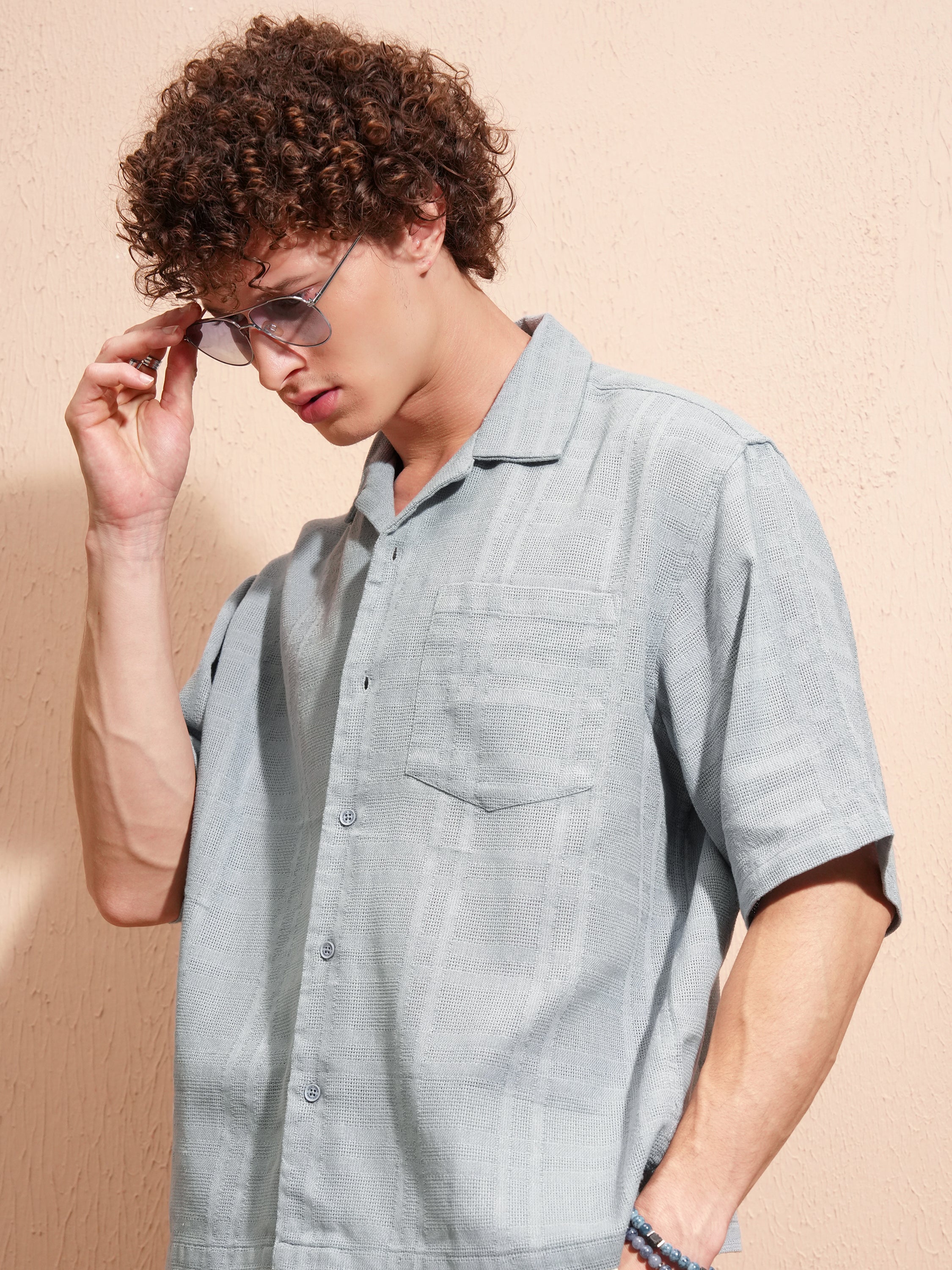 Highlander Men Blue Self Design Boxy Fit Casual Shirt - Blue - Image 1