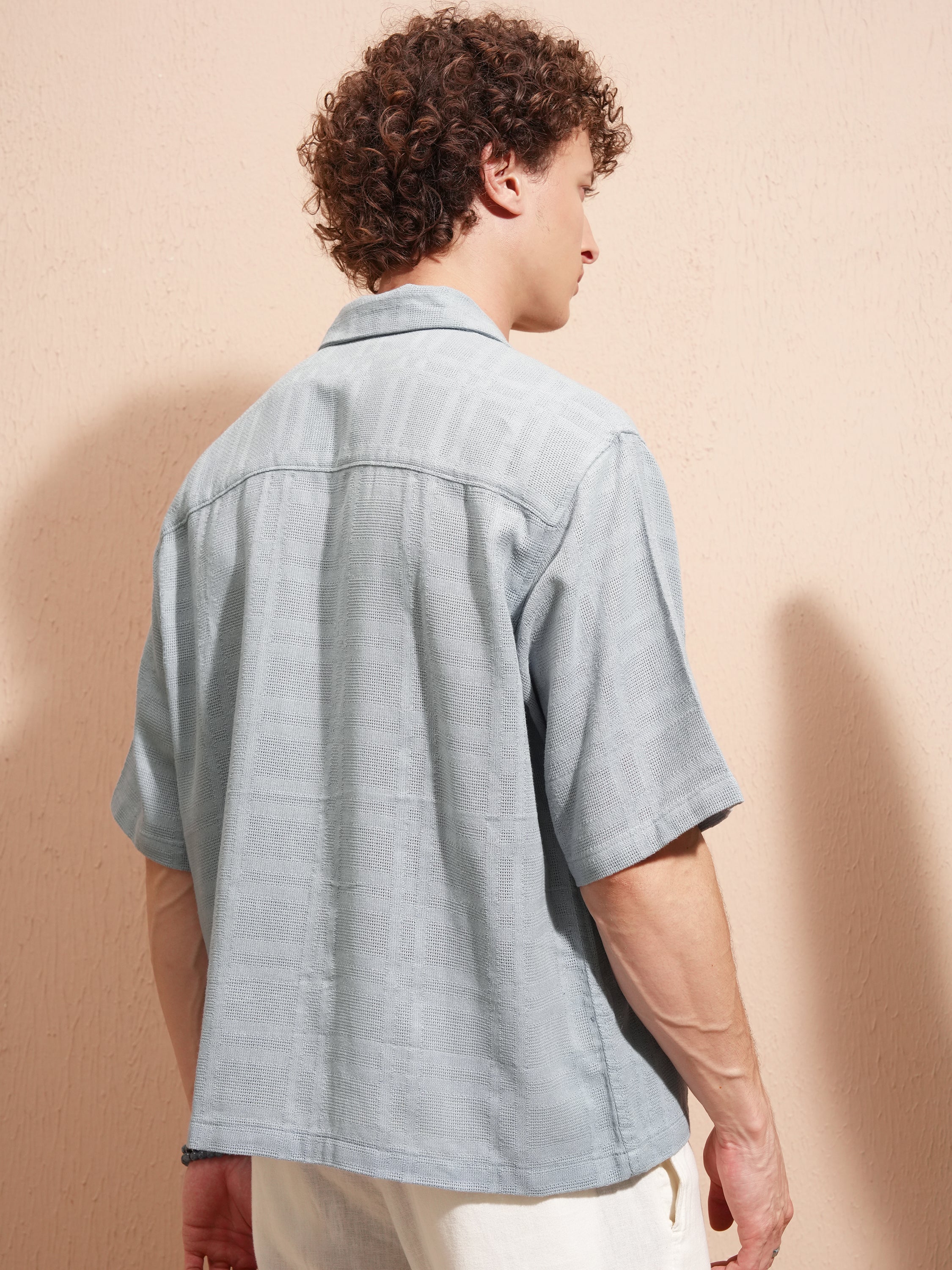 Highlander Men Blue Self Design Boxy Fit Casual Shirt - Blue - Image 3