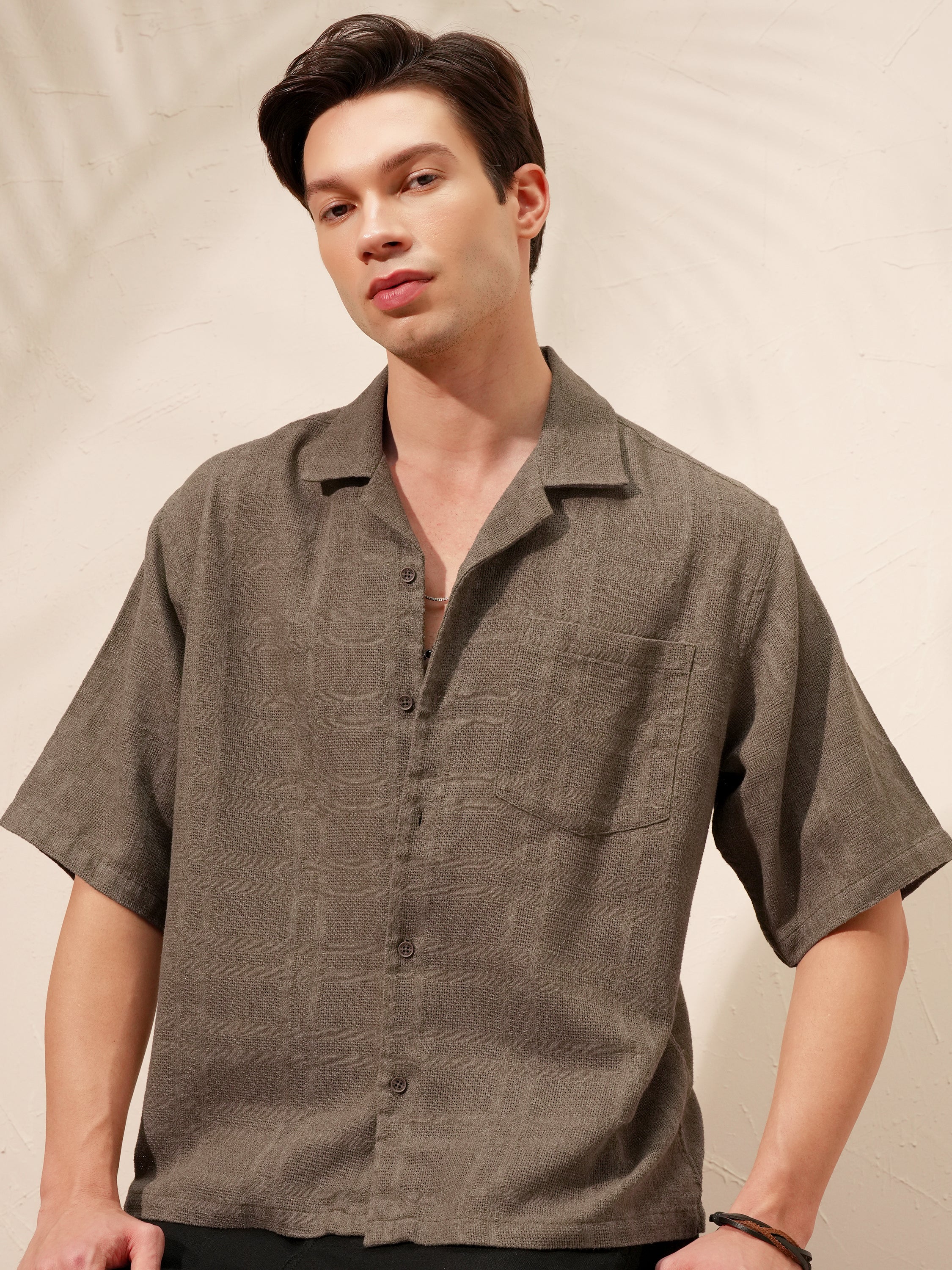 Highlander Men Brown Self Design Boxy Fit Casual Shirt - Brown - Image 1