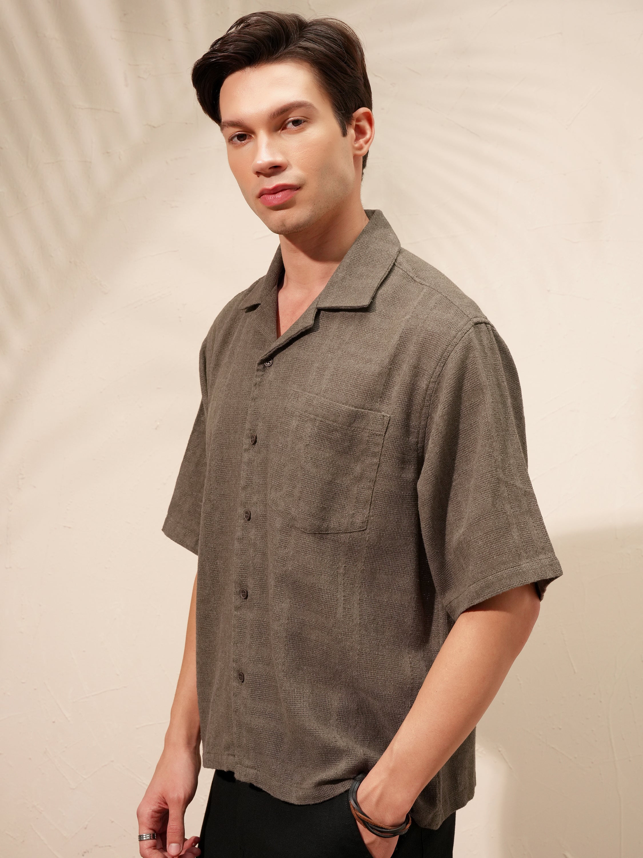Highlander Men Brown Self Design Boxy Fit Casual Shirt - Brown - Image 4