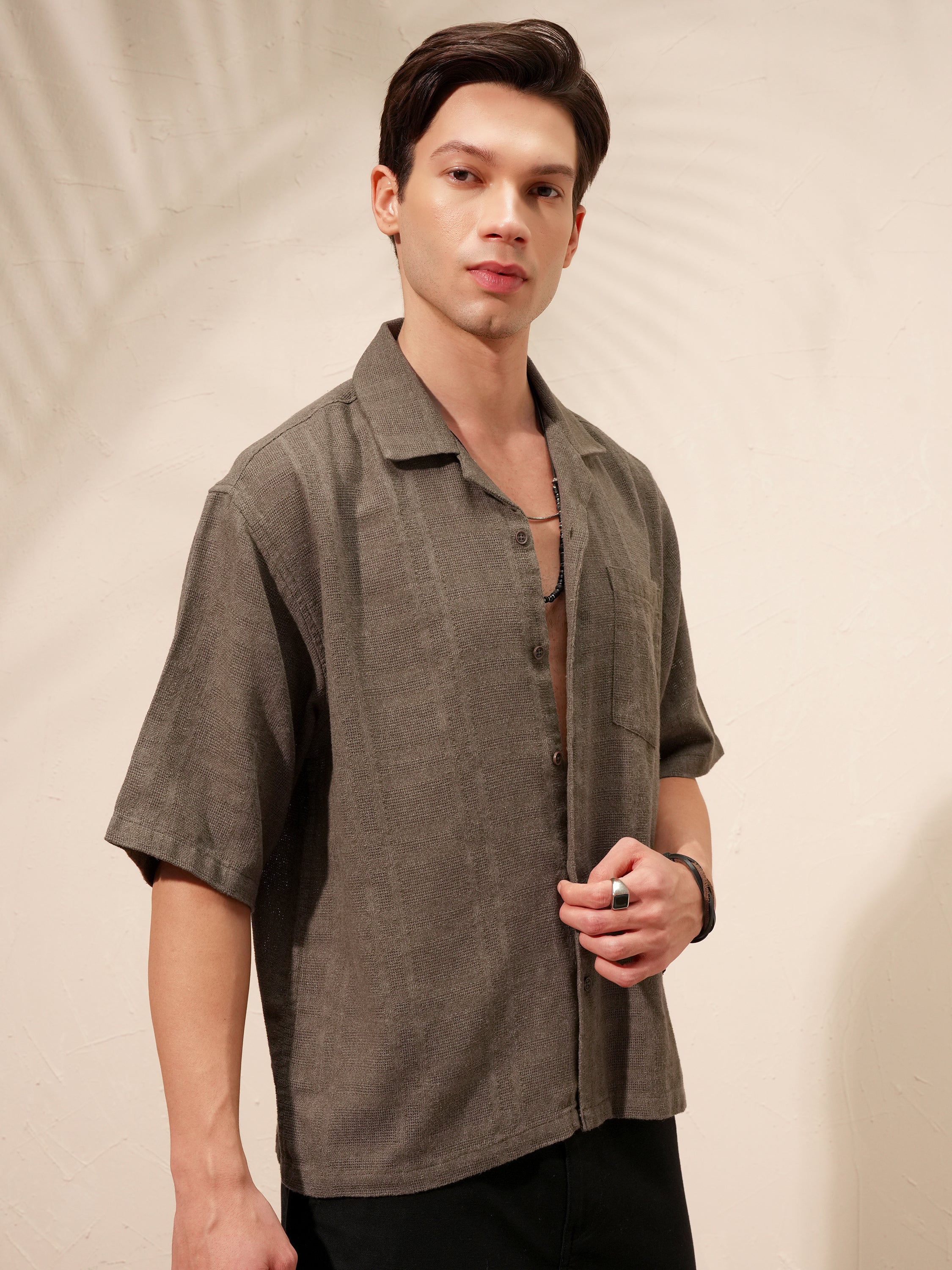Highlander Men Brown Self Design Boxy Fit Casual Shirt - Brown - Image 6