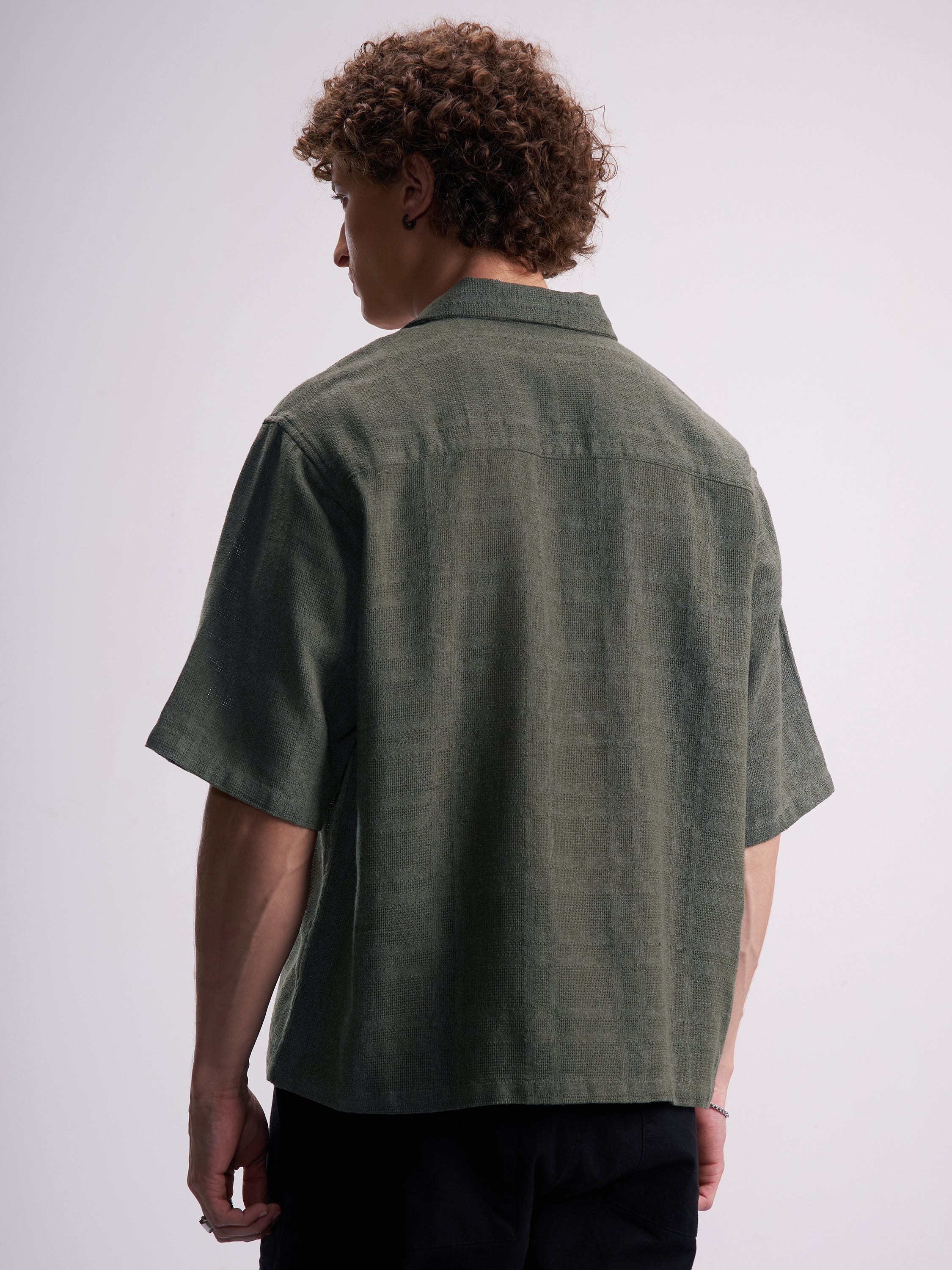Highlander Men Olive Self Design Boxy Fit Casual Shirt - Olive - Image 3