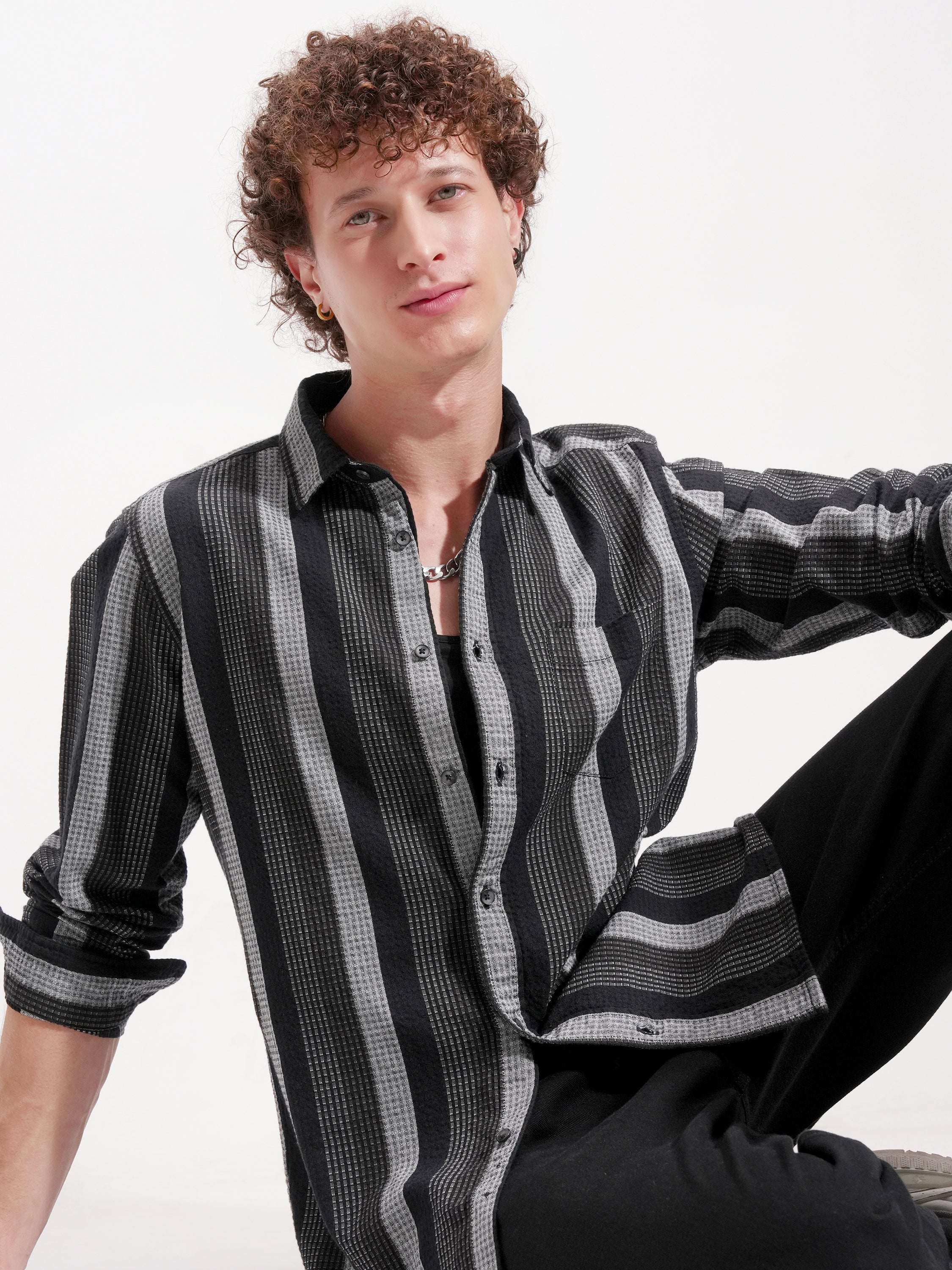 Highlander Men Black Striped Slim Fit Casual Shirt - Black - Image 1